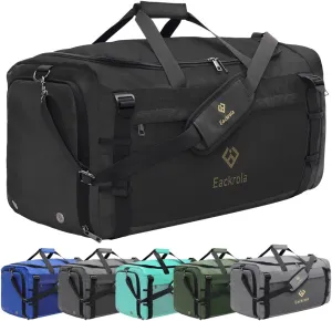 Eackrola Large Sports Gym Bag, Travel Duffel bag with Wet Pocket & Shoes Compartment for men women, 65L, Lightweight（Black）