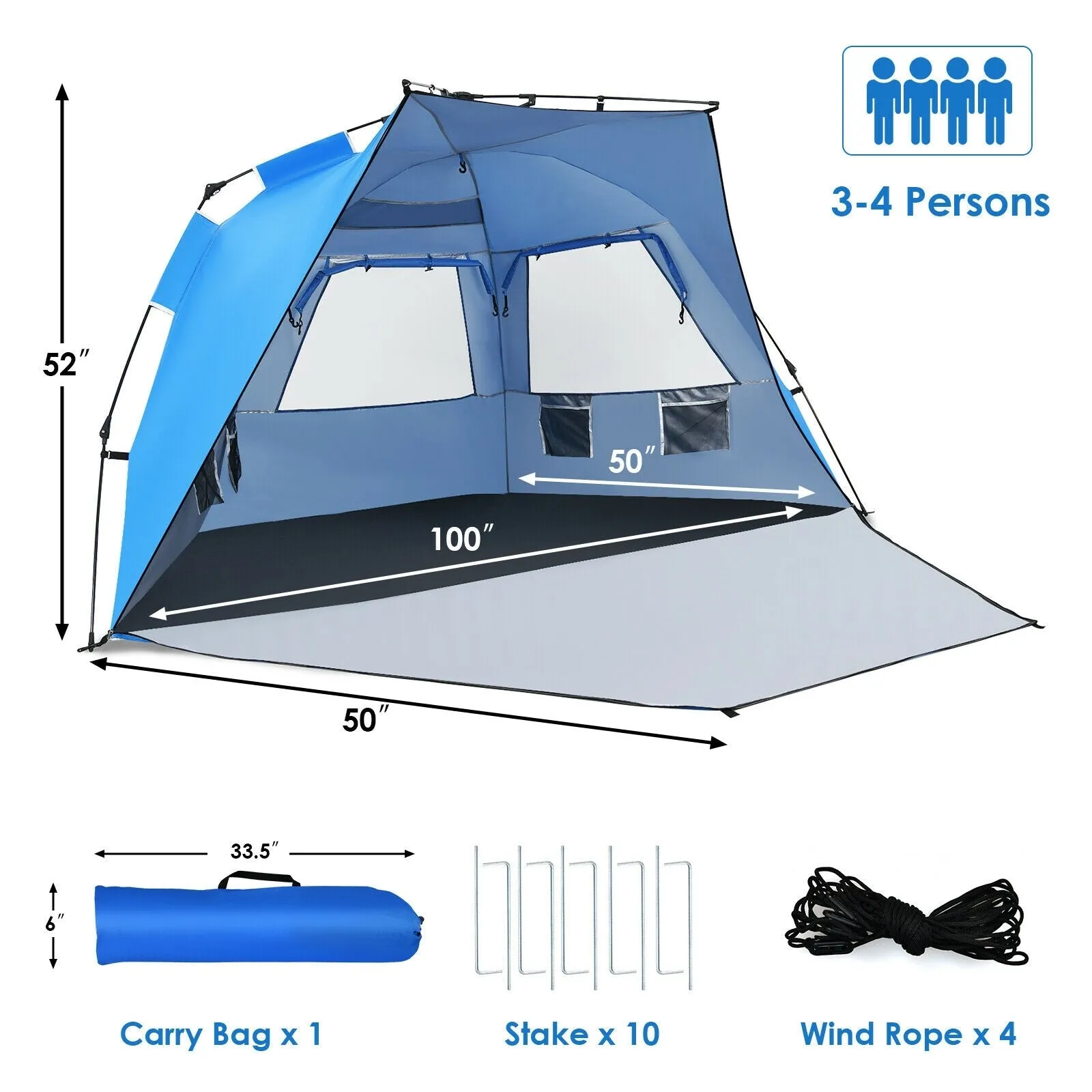 Easy Pop Up Beach Tent UPF 50  Portable Sun Shelter-Blue for 3-4 Person
