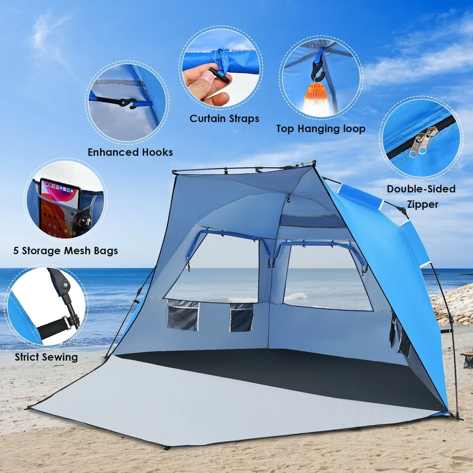 Easy Pop Up Beach Tent UPF 50  Portable Sun Shelter-Blue for 3-4 Person