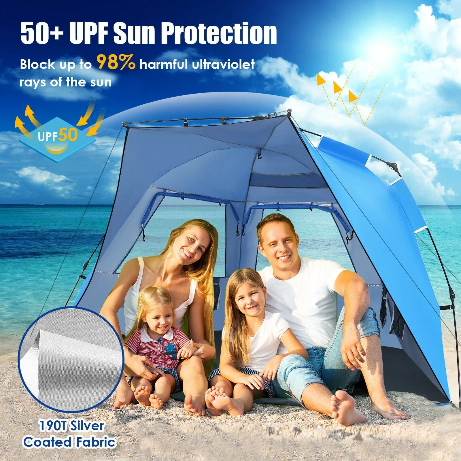 Easy Pop Up Beach Tent UPF 50  Portable Sun Shelter-Blue for 3-4 Person