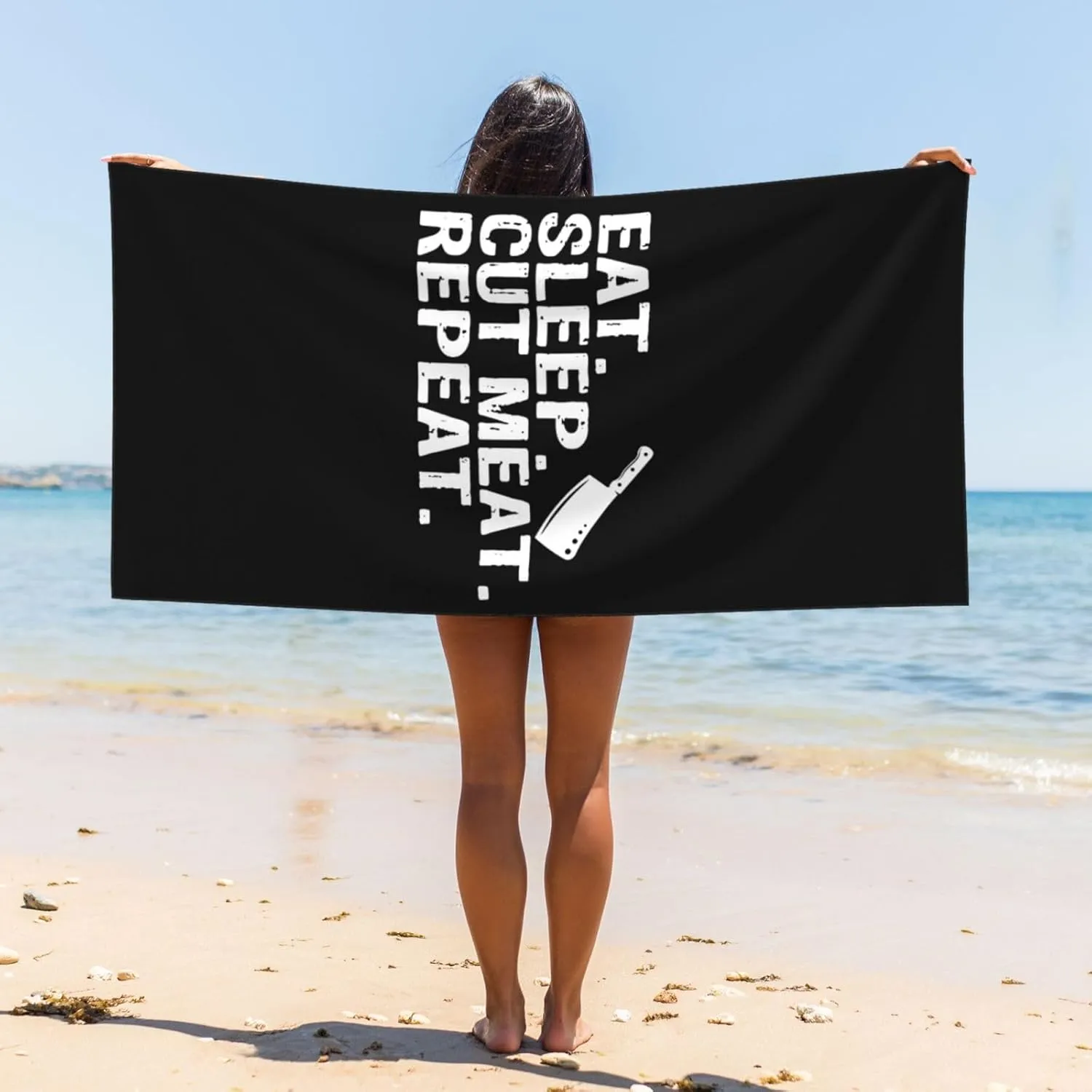 Eat Sleep Cut Meat Repeat Large Beach Towel 55x27.5 Inches - Ultra Soft & Quick Dry, Lightweight Sand Towel for Pool, Travel, Summer | Bath Towel for Adults & Family