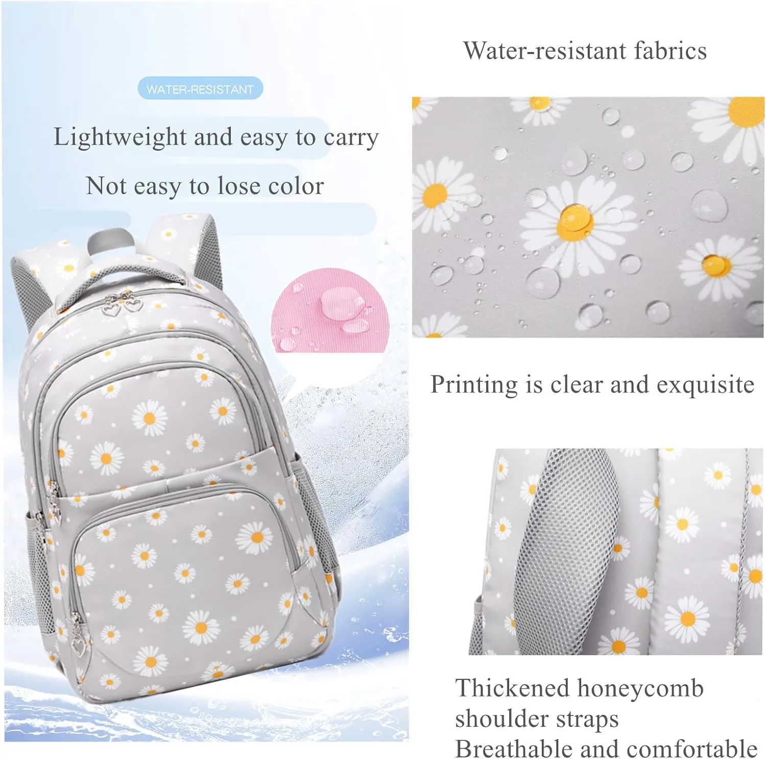 EKUIZAI 3Pcs Daisy Prints Backpack for Girls Bookbag set Primary School Daypack Elementary Students Knapsack with Lunch Box