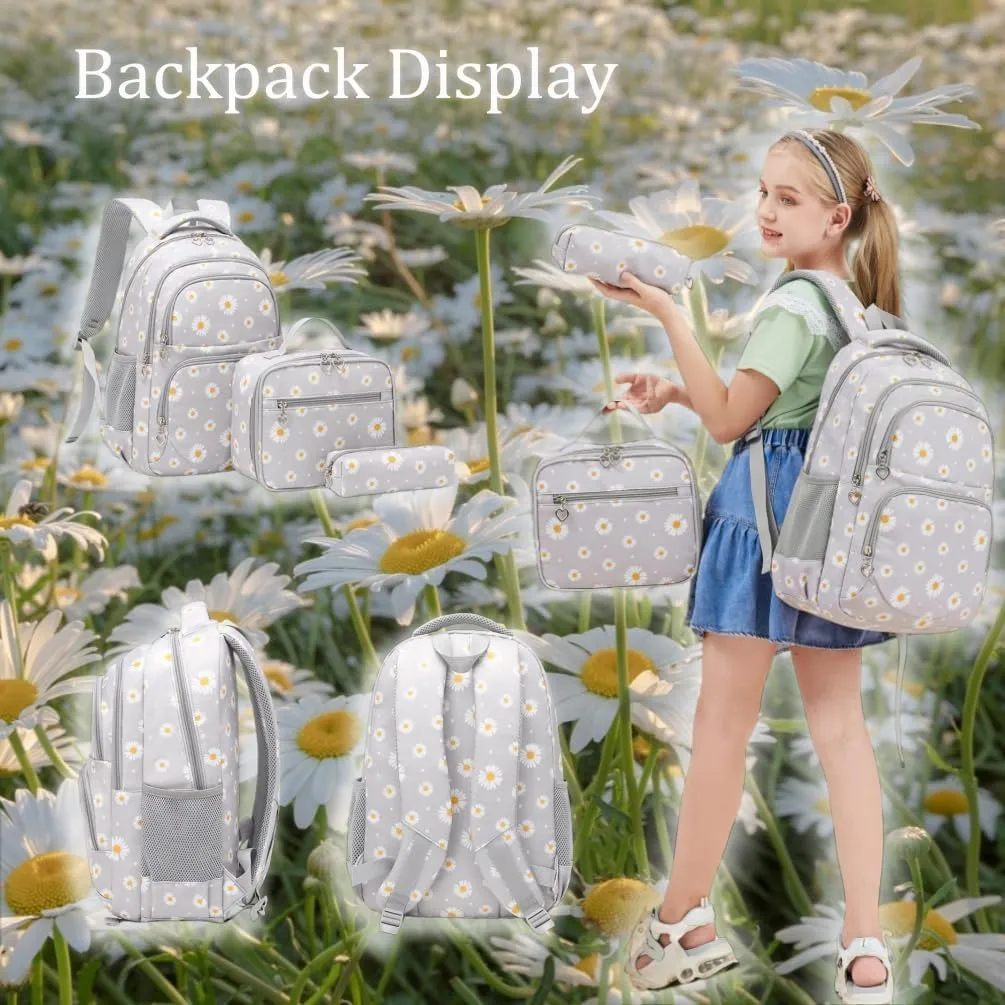 EKUIZAI 3Pcs Daisy Prints Backpack for Girls Bookbag set Primary School Daypack Elementary Students Knapsack with Lunch Box