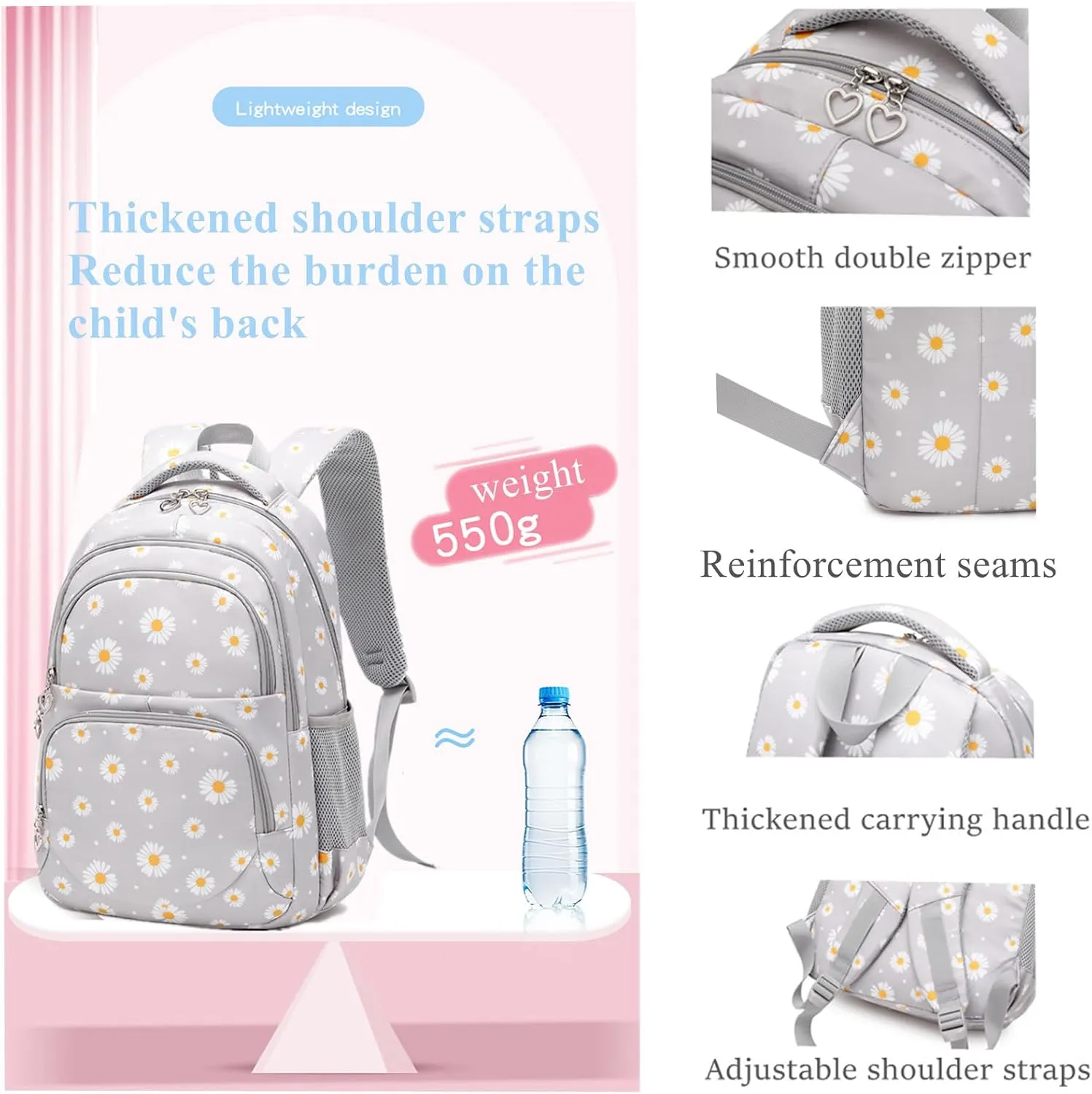 EKUIZAI 3Pcs Daisy Prints Backpack for Girls Bookbag set Primary School Daypack Elementary Students Knapsack with Lunch Box