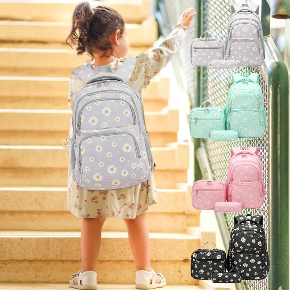 EKUIZAI 3Pcs Daisy Prints Backpack for Girls Bookbag set Primary School Daypack Elementary Students Knapsack with Lunch Box