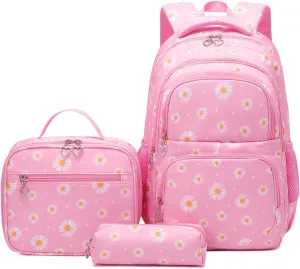 EKUIZAI 3Pcs Daisy Prints Backpack for Girls Bookbag set Primary School Daypack Elementary Students Knapsack with Lunch Box