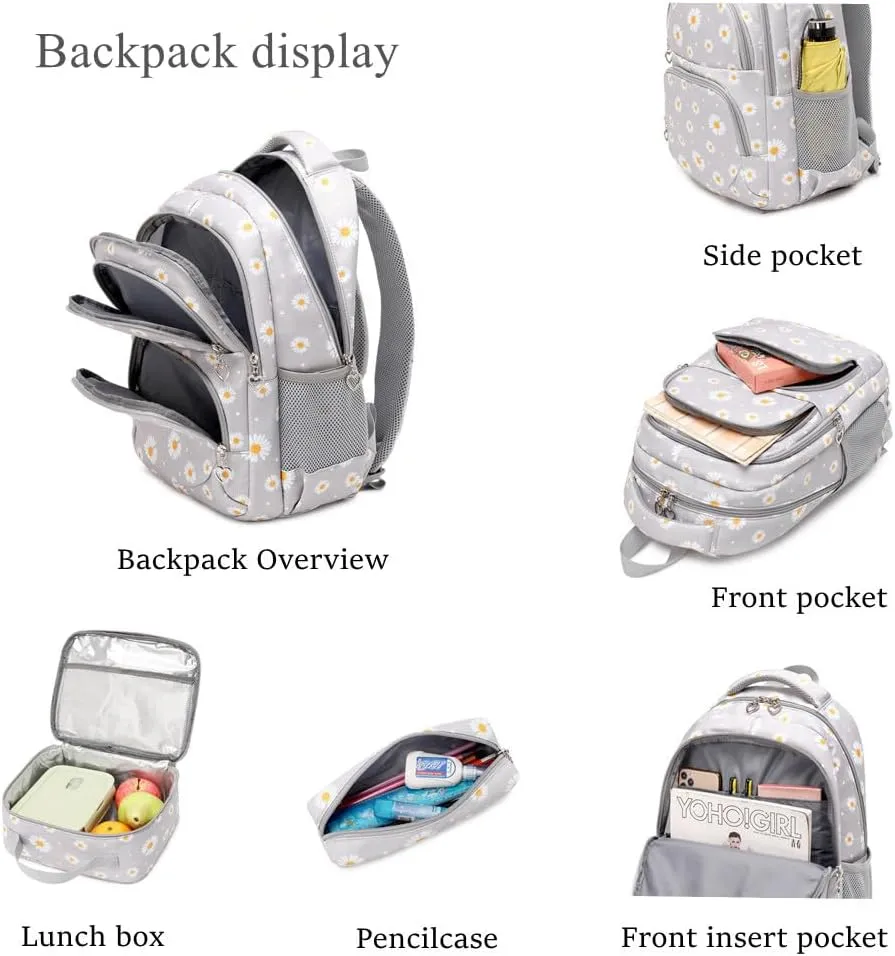 EKUIZAI 3Pcs Daisy Prints Backpack for Girls Bookbag set Primary School Daypack Elementary Students Knapsack with Lunch Box