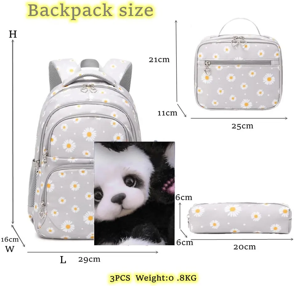EKUIZAI 3Pcs Daisy Prints Backpack for Girls Bookbag set Primary School Daypack Elementary Students Knapsack with Lunch Box