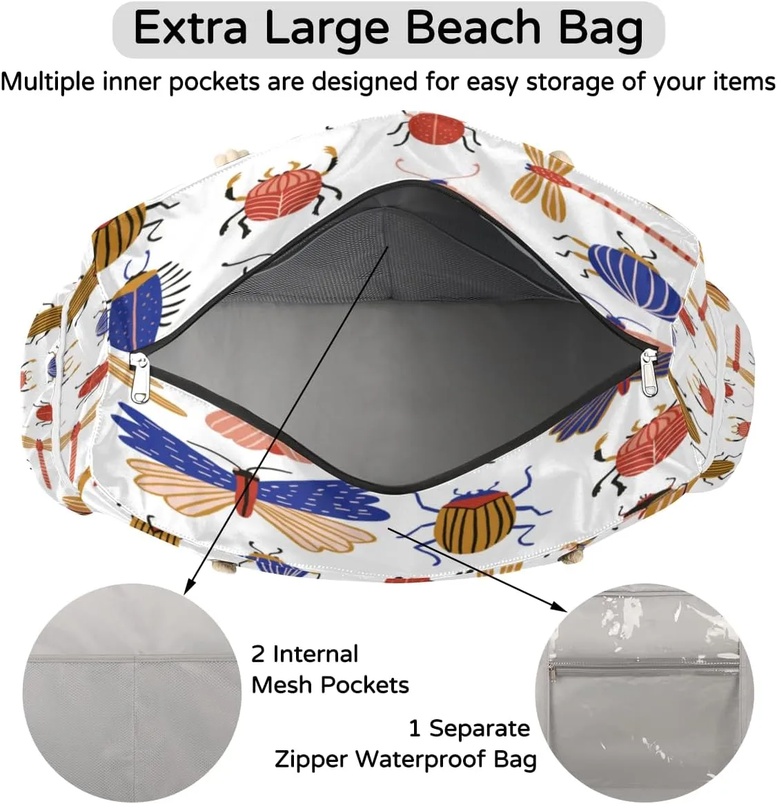 Elegant Flamingo Beach Bags for Women Large Beach Tote with Zipper Waterproof Travel Sandproof Shoulder Pool Bag