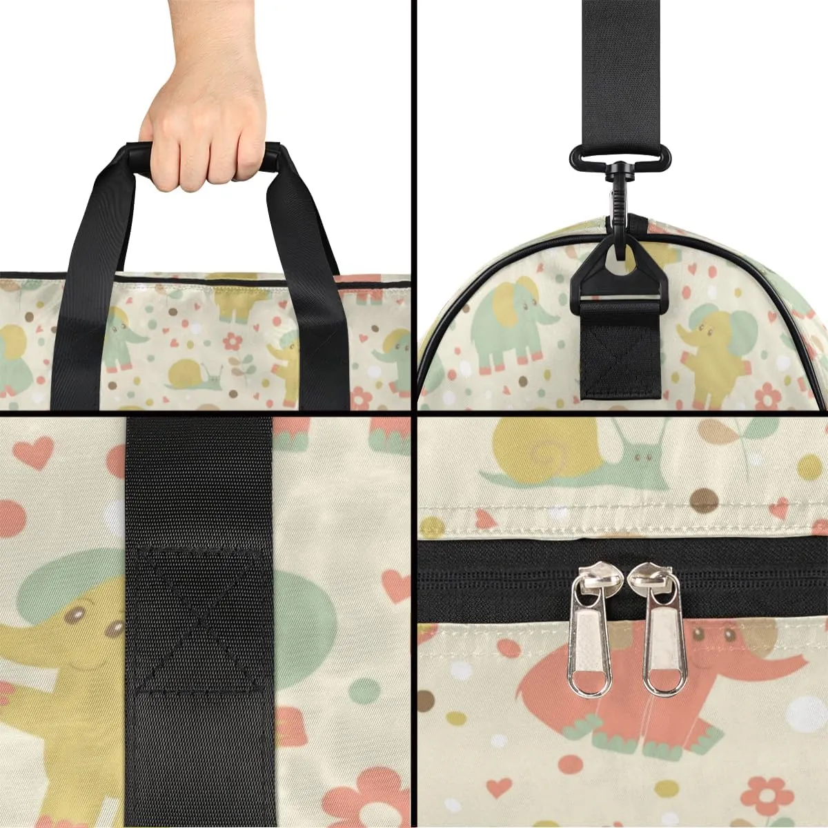 Elephants Snail Flowers Sports Gym Bag for Women Men Travel Duffel Bag with Wet Pocket & Shoes Compartment Waterproof Weekender Overnight Tote Carry on Bag Lightweight