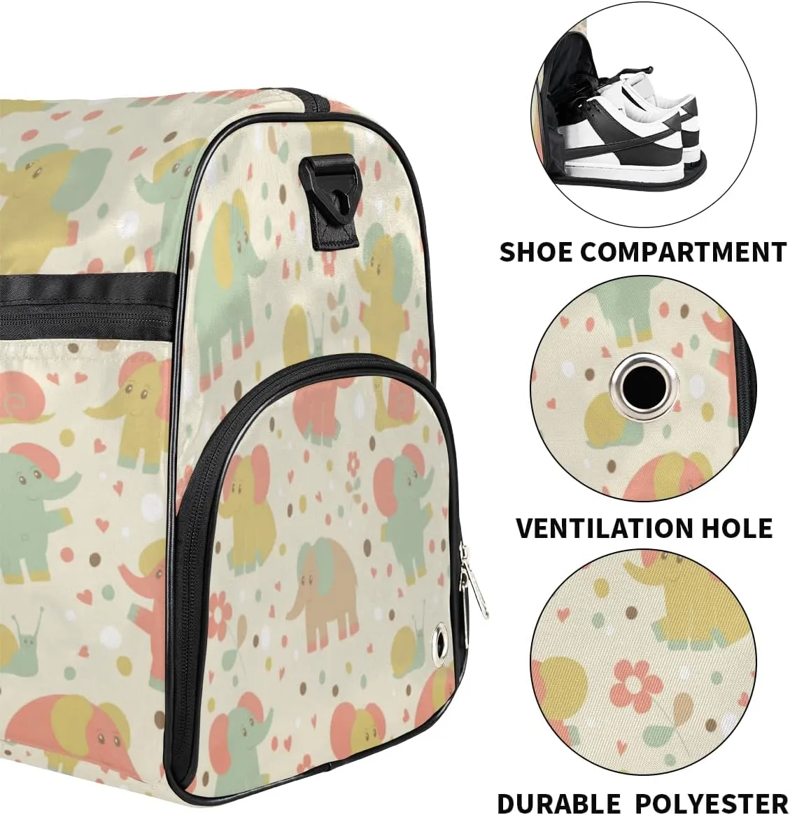 Elephants Snail Flowers Sports Gym Bag for Women Men Travel Duffel Bag with Wet Pocket & Shoes Compartment Waterproof Weekender Overnight Tote Carry on Bag Lightweight