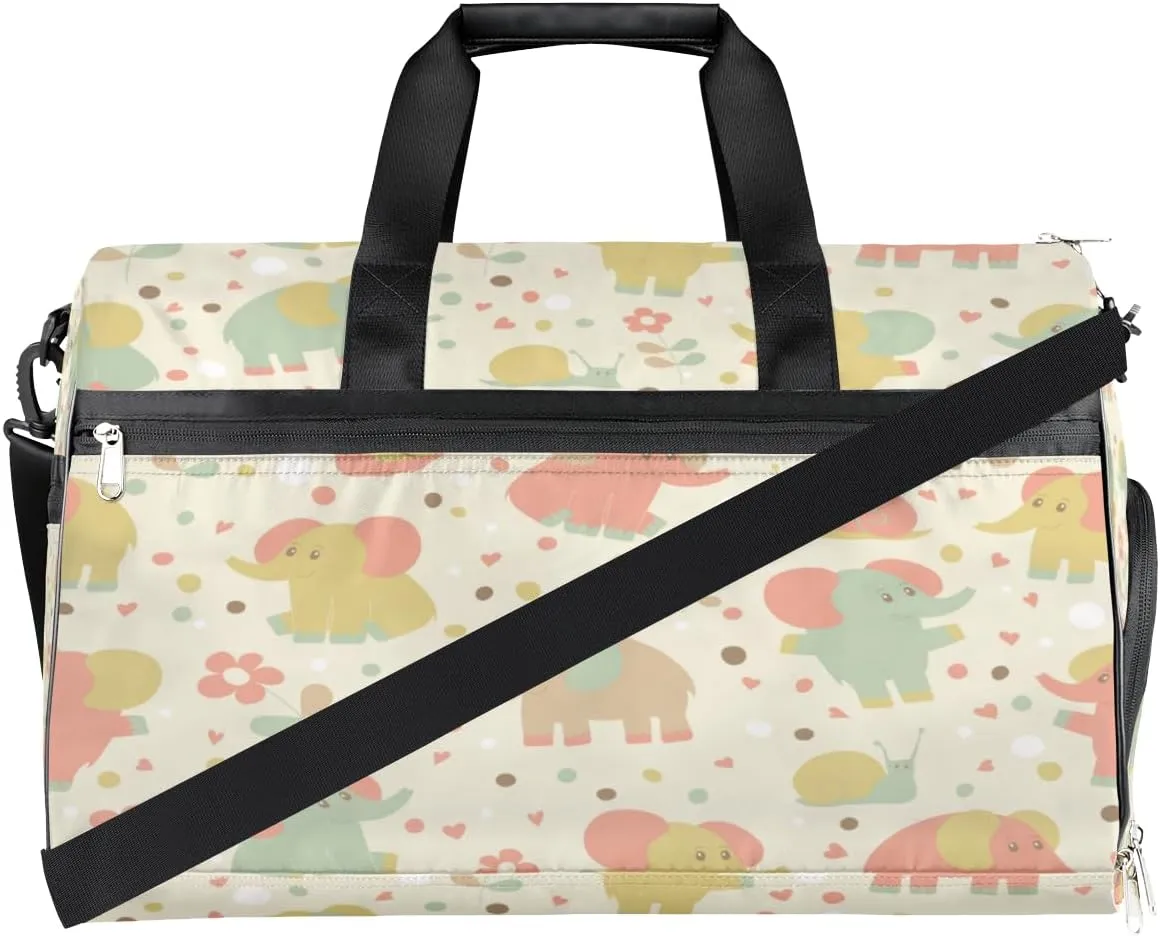 Elephants Snail Flowers Sports Gym Bag for Women Men Travel Duffel Bag with Wet Pocket & Shoes Compartment Waterproof Weekender Overnight Tote Carry on Bag Lightweight