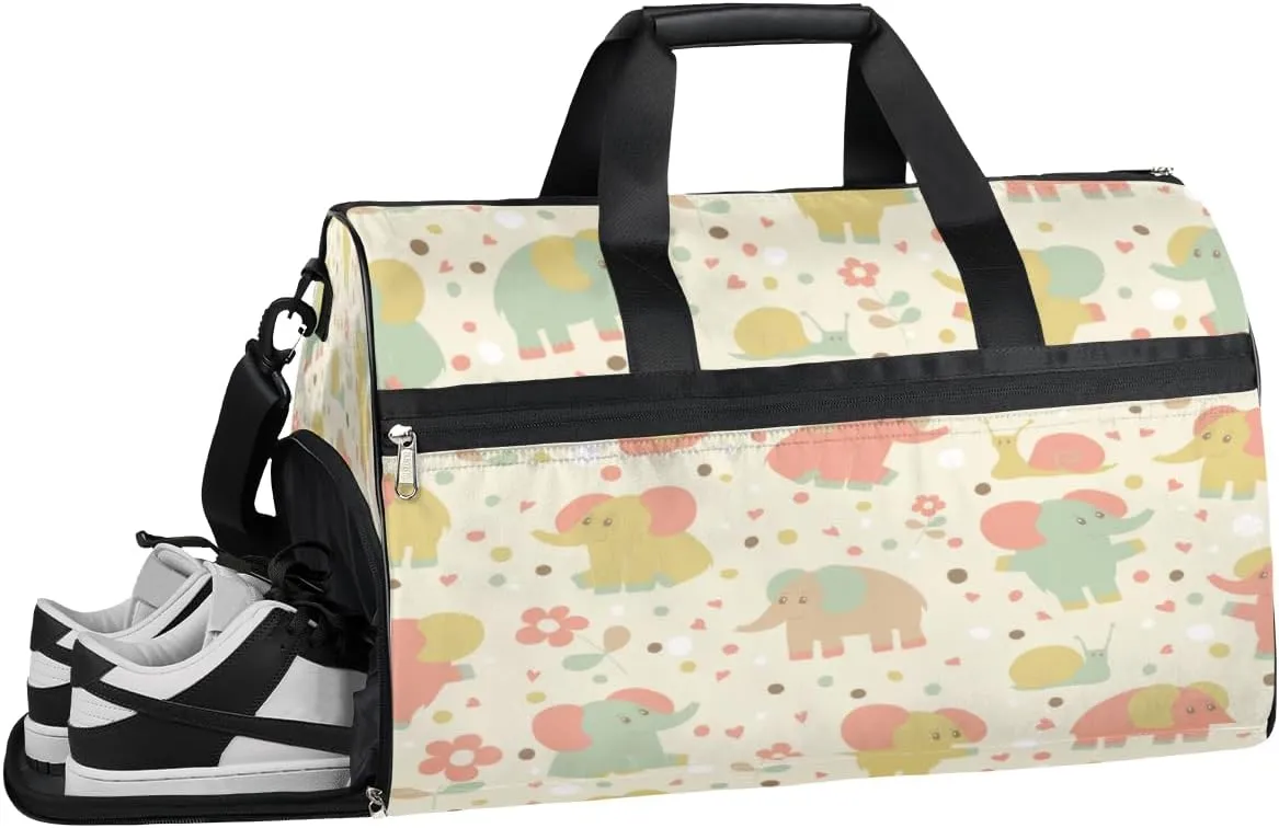 Elephants Snail Flowers Sports Gym Bag for Women Men Travel Duffel Bag with Wet Pocket & Shoes Compartment Waterproof Weekender Overnight Tote Carry on Bag Lightweight