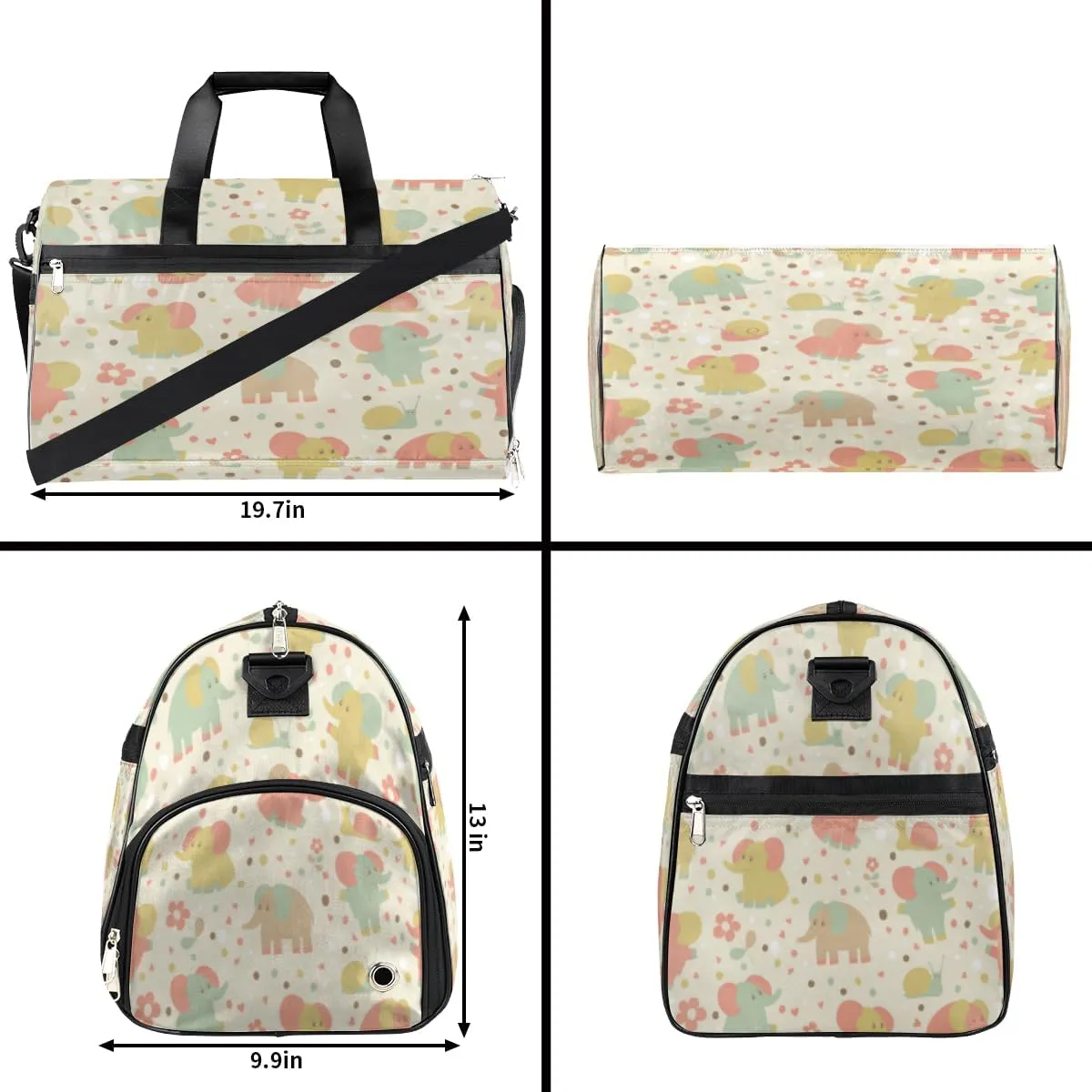 Elephants Snail Flowers Sports Gym Bag for Women Men Travel Duffel Bag with Wet Pocket & Shoes Compartment Waterproof Weekender Overnight Tote Carry on Bag Lightweight