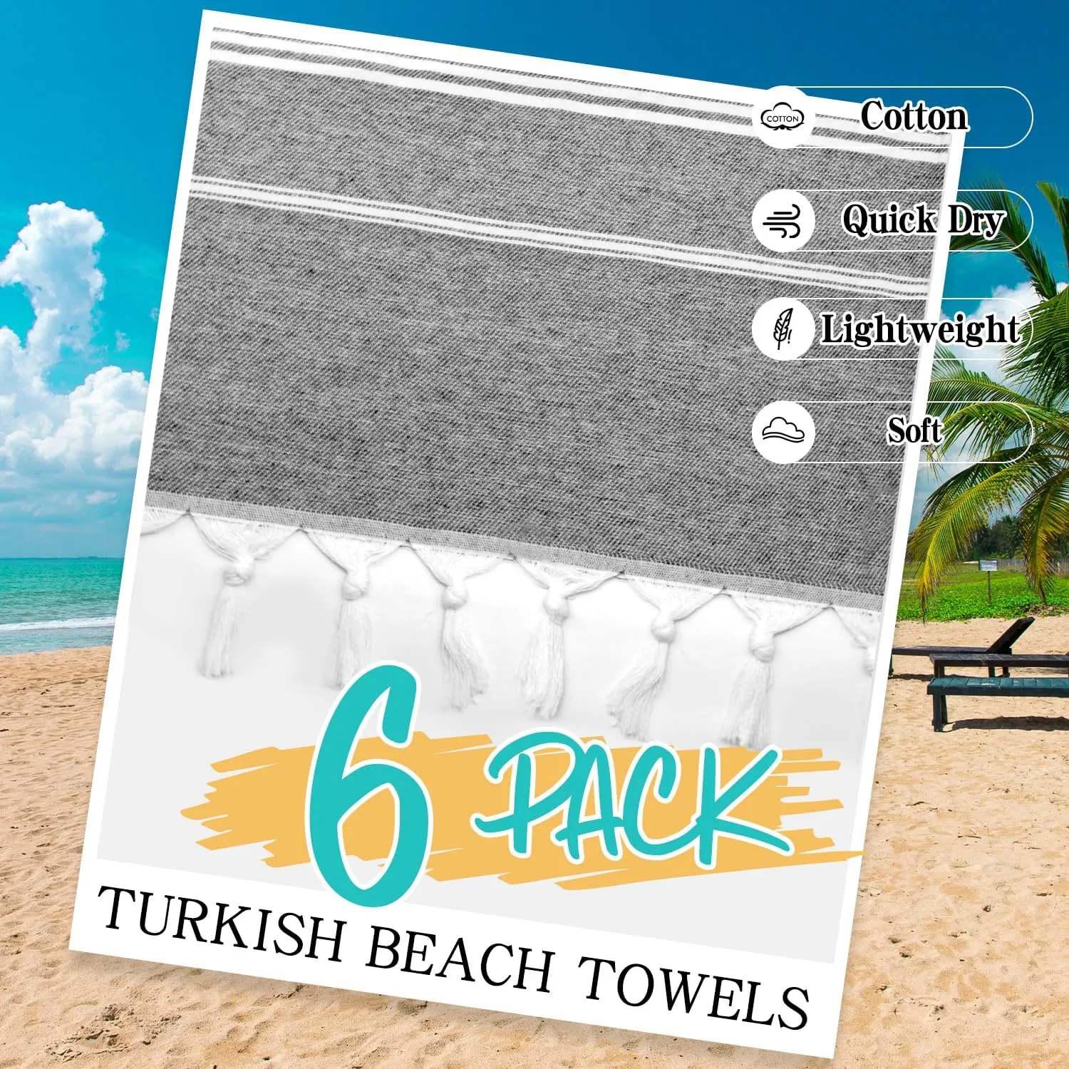 Eliamo Turkish Beach Towel Set of 6 Beach Towels Cotton Quick Dry Sand Free 36 x 71 inch Turkish Towel Oversized Lightweight Beach Towels Grey