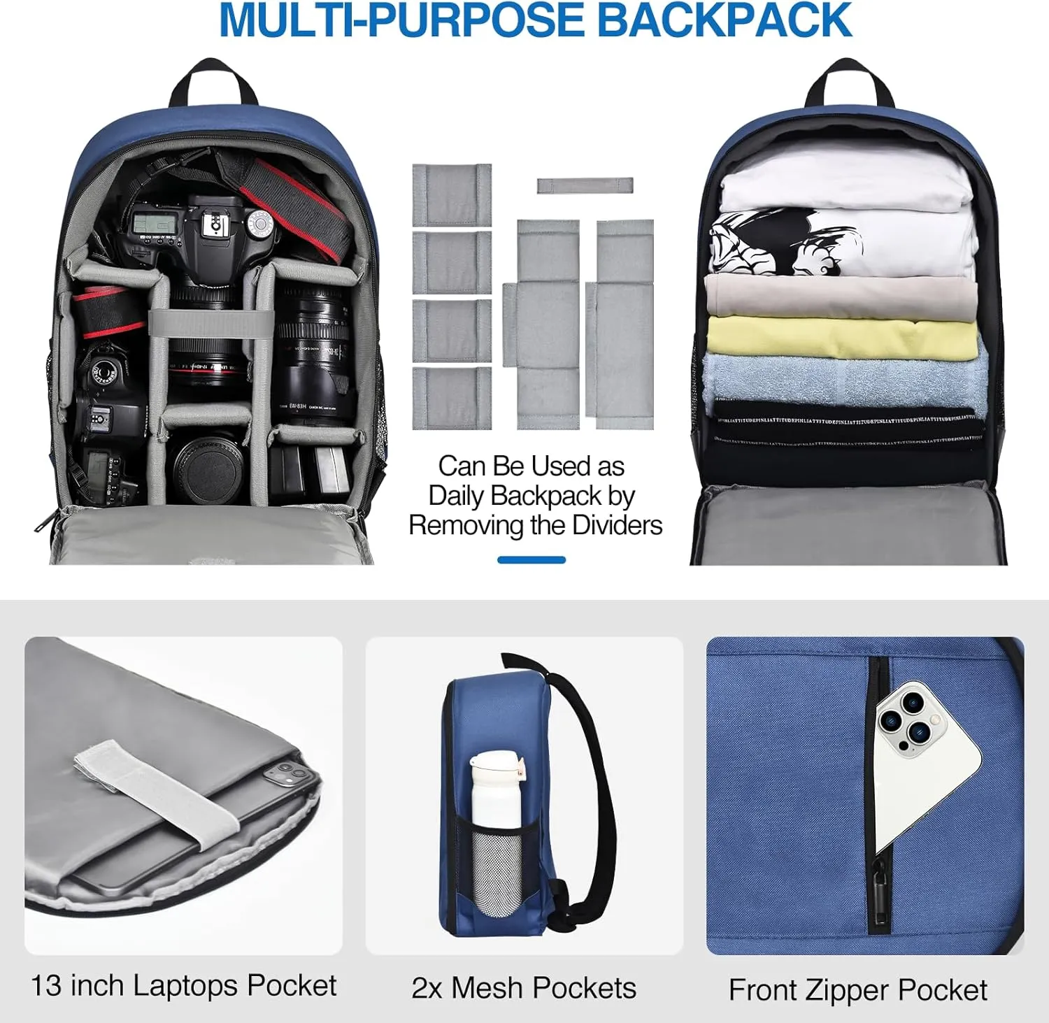 EMART Small Camera Backpack Bag Professional with Waterproof Rain Cover for SLR/DSLR Mirrorless Accessories, Photography Cases for Sony Canon Nikon, Tripod, 13" Laptop-Blue