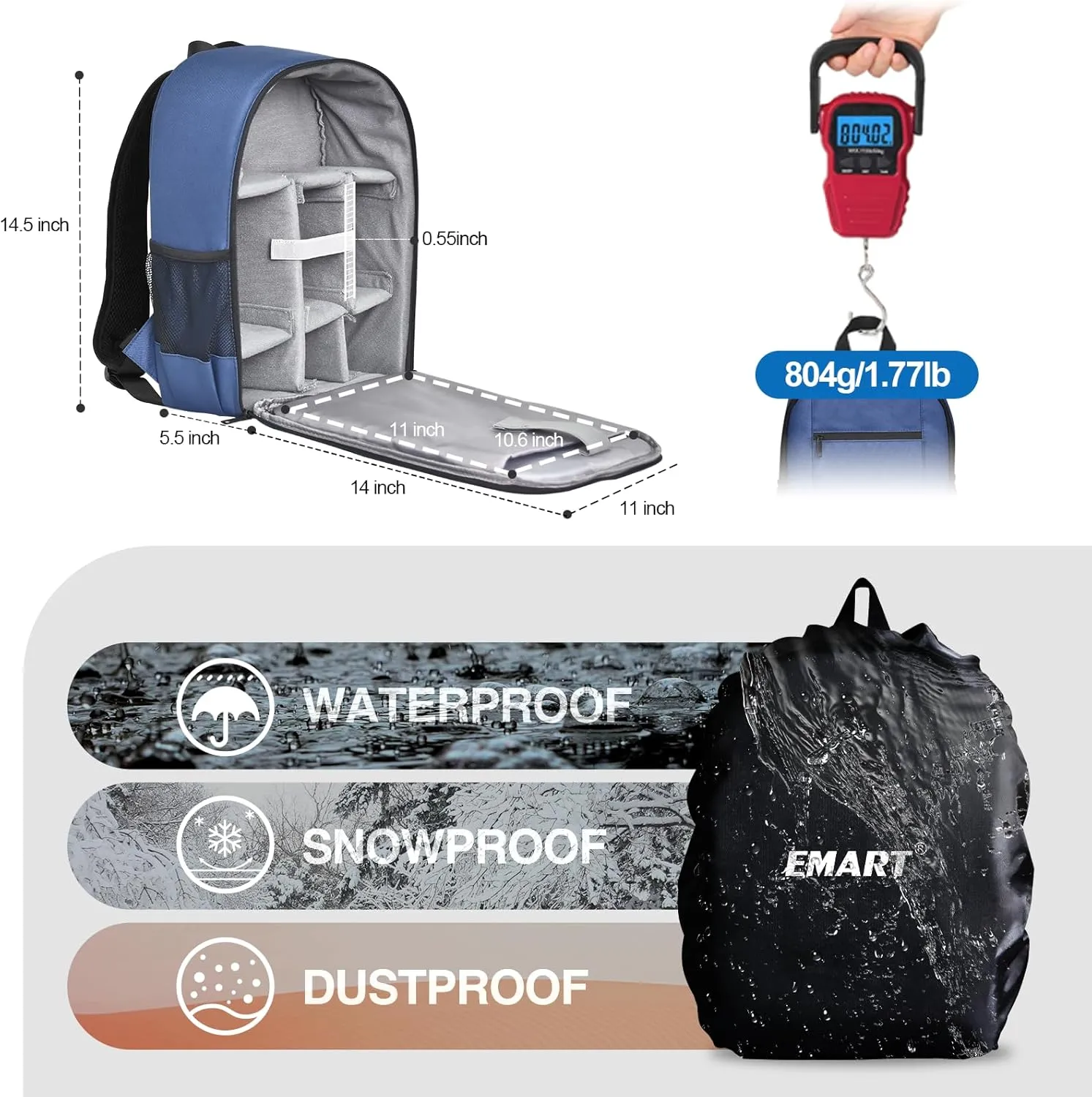 EMART Small Camera Backpack Bag Professional with Waterproof Rain Cover for SLR/DSLR Mirrorless Accessories, Photography Cases for Sony Canon Nikon, Tripod, 13" Laptop-Blue