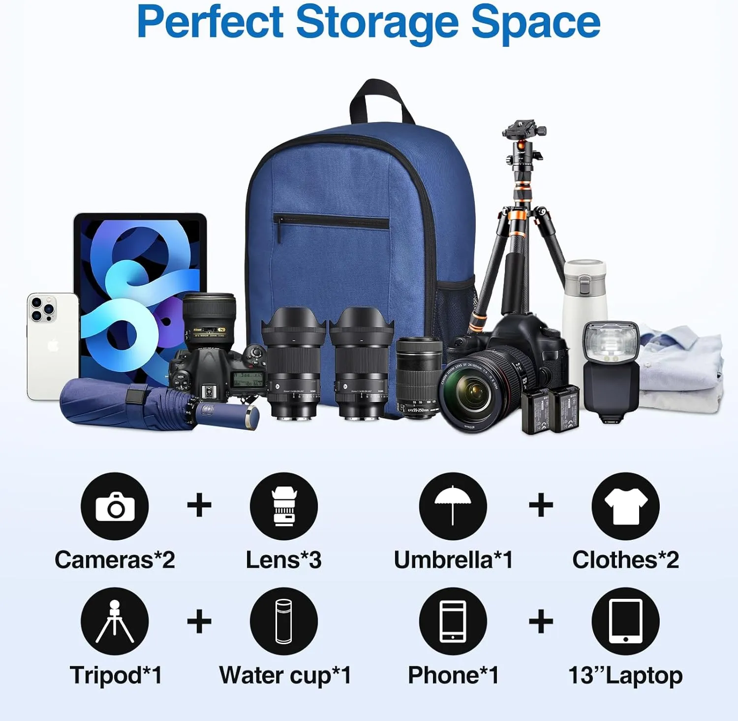 EMART Small Camera Backpack Bag Professional with Waterproof Rain Cover for SLR/DSLR Mirrorless Accessories, Photography Cases for Sony Canon Nikon, Tripod, 13" Laptop-Blue