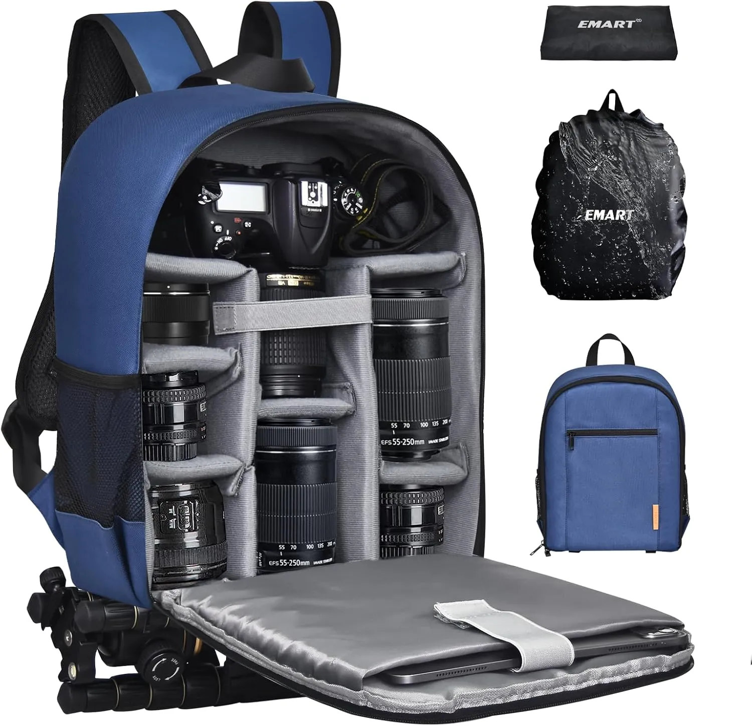 EMART Small Camera Backpack Bag Professional with Waterproof Rain Cover for SLR/DSLR Mirrorless Accessories, Photography Cases for Sony Canon Nikon, Tripod, 13" Laptop-Blue