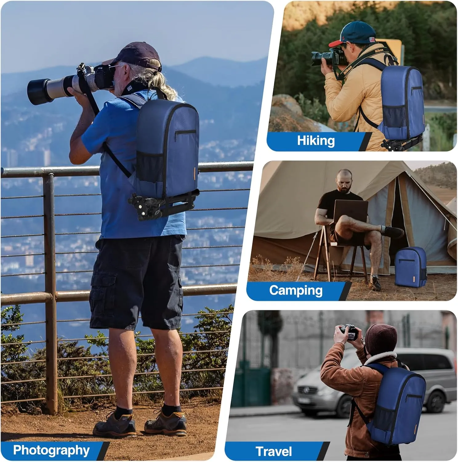 EMART Small Camera Backpack Bag Professional with Waterproof Rain Cover for SLR/DSLR Mirrorless Accessories, Photography Cases for Sony Canon Nikon, Tripod, 13" Laptop-Blue