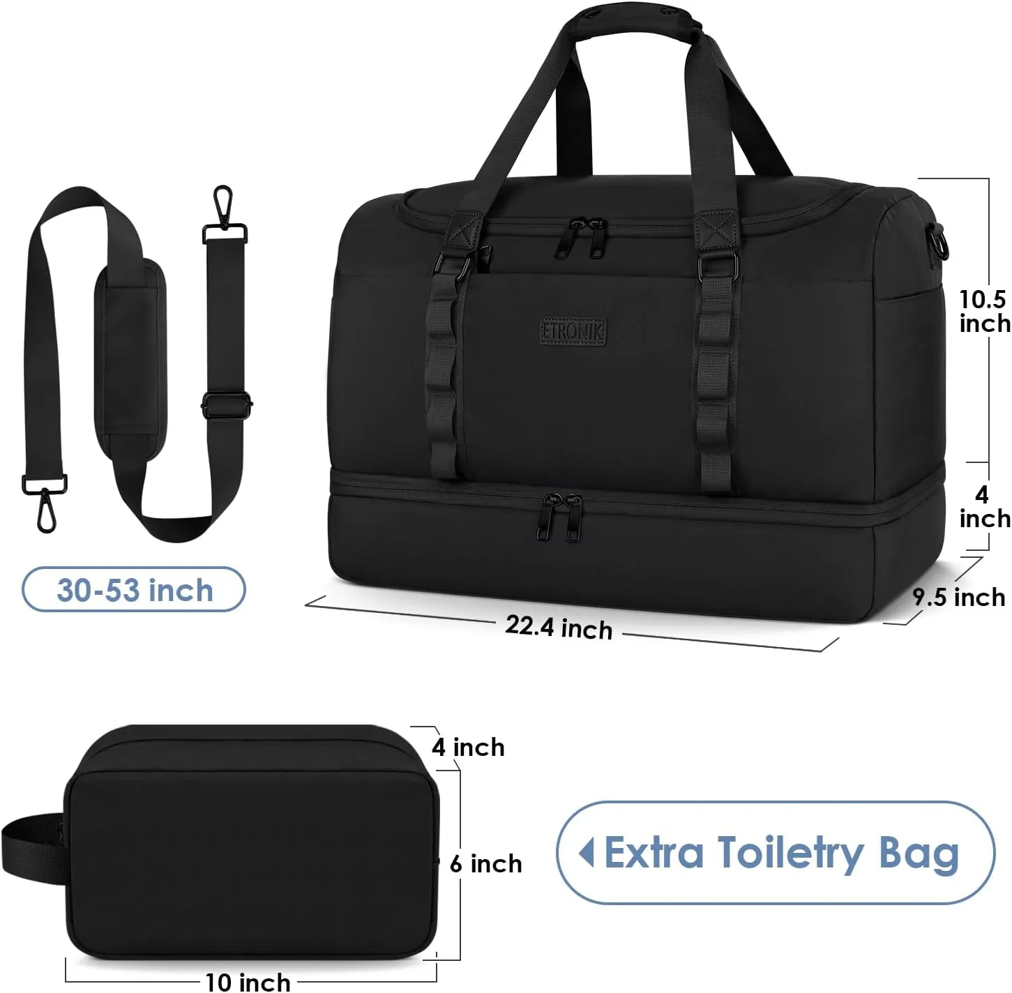 ETRONIK Gym Bag for Men Women, Large Travel Duffle Bag with Shoe Compartment, Carry on Bag with Toiletry Bag, Weekender Overnight Bag for Sports Business Trip, Black