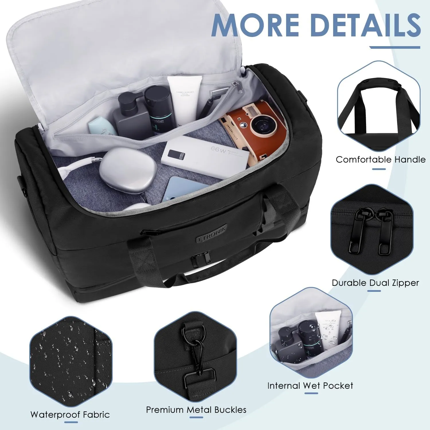 ETRONIK Gym Bag for Men Women, Large Travel Duffle Bag with Shoe Compartment, Carry on Bag with Toiletry Bag, Weekender Overnight Bag for Sports Business Trip, Black