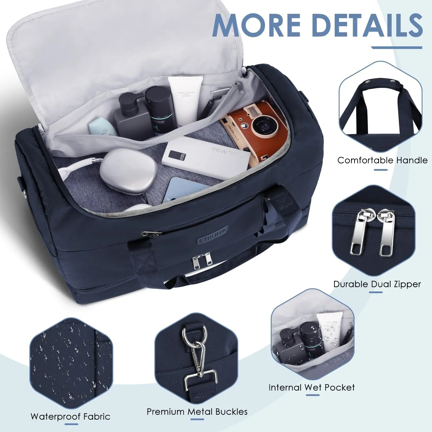 ETRONIK Gym Bag for Men Women, Large Travel Duffle Bag with Shoe Compartment, Carry on Bag with Toiletry Bag, Weekender Overnight Bag for Sports Business Trip, Blue
