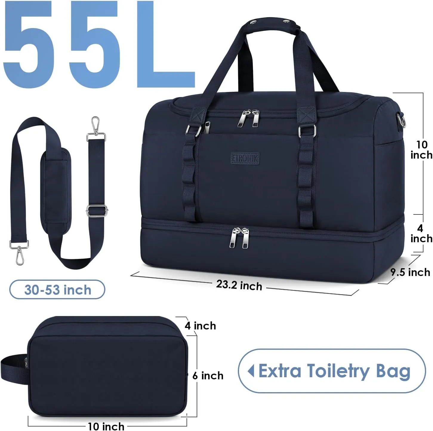 ETRONIK Gym Bag for Men Women, Large Travel Duffle Bag with Shoe Compartment, Carry on Bag with Toiletry Bag, Weekender Overnight Bag for Sports Business Trip, Blue