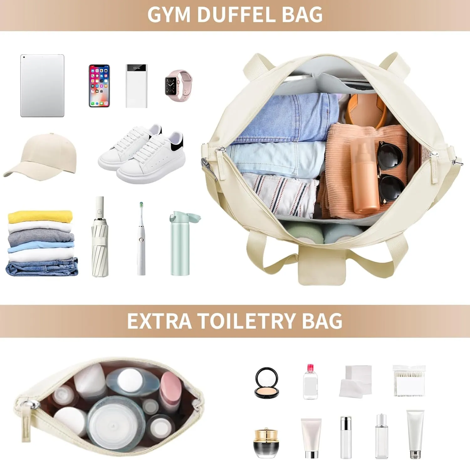 ETRONIK Gym Bag for Women, 47L Carry On Travel Duffel Bag with Shoes Compartment, Weekender Overnight Bag with Wet Pocket & USB Charging Port for Women, Travel, Gym, Weekend, Large Size (Beige)