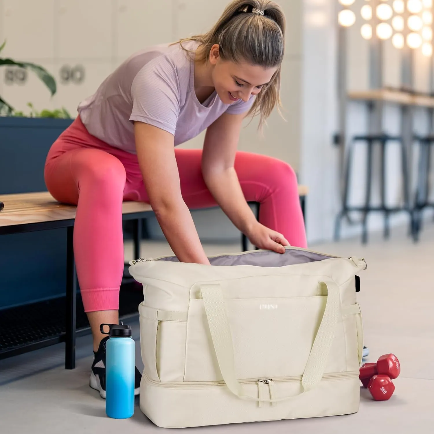 ETRONIK Gym Bag for Women, 47L Carry On Travel Duffel Bag with Shoes Compartment, Weekender Overnight Bag with Wet Pocket & USB Charging Port for Women, Travel, Gym, Weekend, Large Size (Beige)