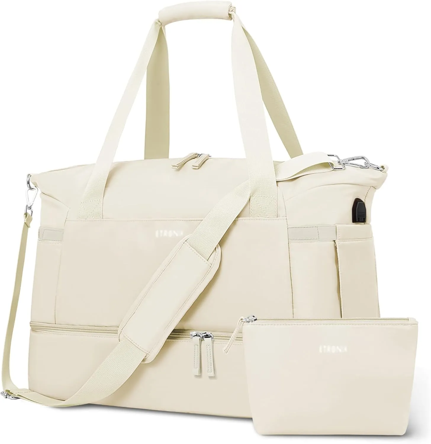 ETRONIK Gym Bag for Women, 47L Carry On Travel Duffel Bag with Shoes Compartment, Weekender Overnight Bag with Wet Pocket & USB Charging Port for Women, Travel, Gym, Weekend, Large Size (Beige)