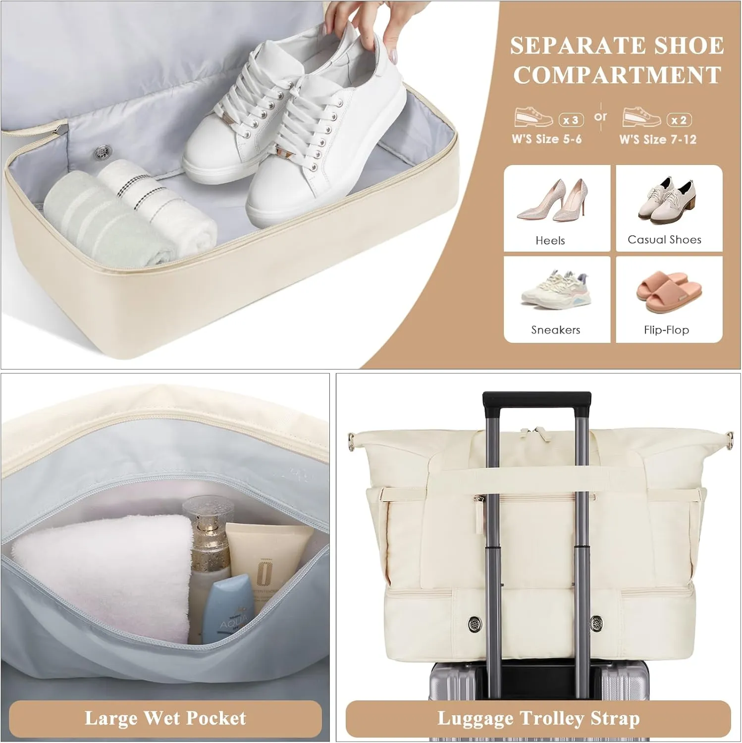 ETRONIK Gym Bag for Women, 47L Carry On Travel Duffel Bag with Shoes Compartment, Weekender Overnight Bag with Wet Pocket & USB Charging Port for Women, Travel, Gym, Weekend, Large Size (Beige)