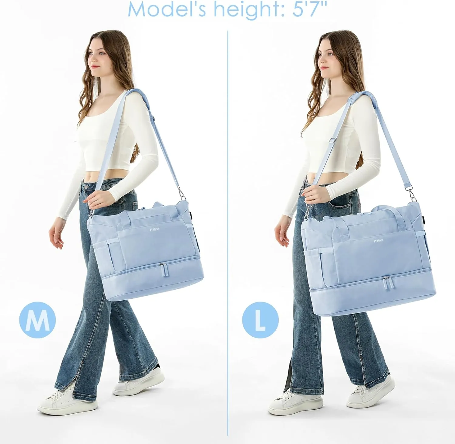 ETRONIK Gym Bag for Women, 47L Carry On Travel Duffel Bag with Shoes Compartment, Weekender Overnight Bag with Wet Pocket & USB Charging Port for Women, Travel, Gym, Weekend, Large Size (Blue)