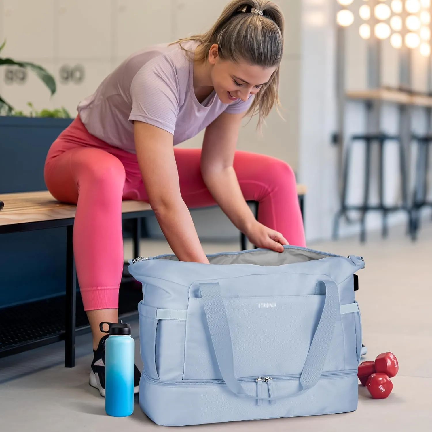 ETRONIK Gym Bag for Women, 47L Carry On Travel Duffel Bag with Shoes Compartment, Weekender Overnight Bag with Wet Pocket & USB Charging Port for Women, Travel, Gym, Weekend, Large Size (Blue)