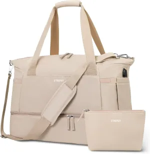 ETRONIK Gym Bag for Women, 47L Carry On Travel Duffel Bag with Shoes Compartment, Weekender Overnight Bag with Wet Pocket & USB Charging Port for Women, Travel, Gym, Weekend, Large Size (Khaki)