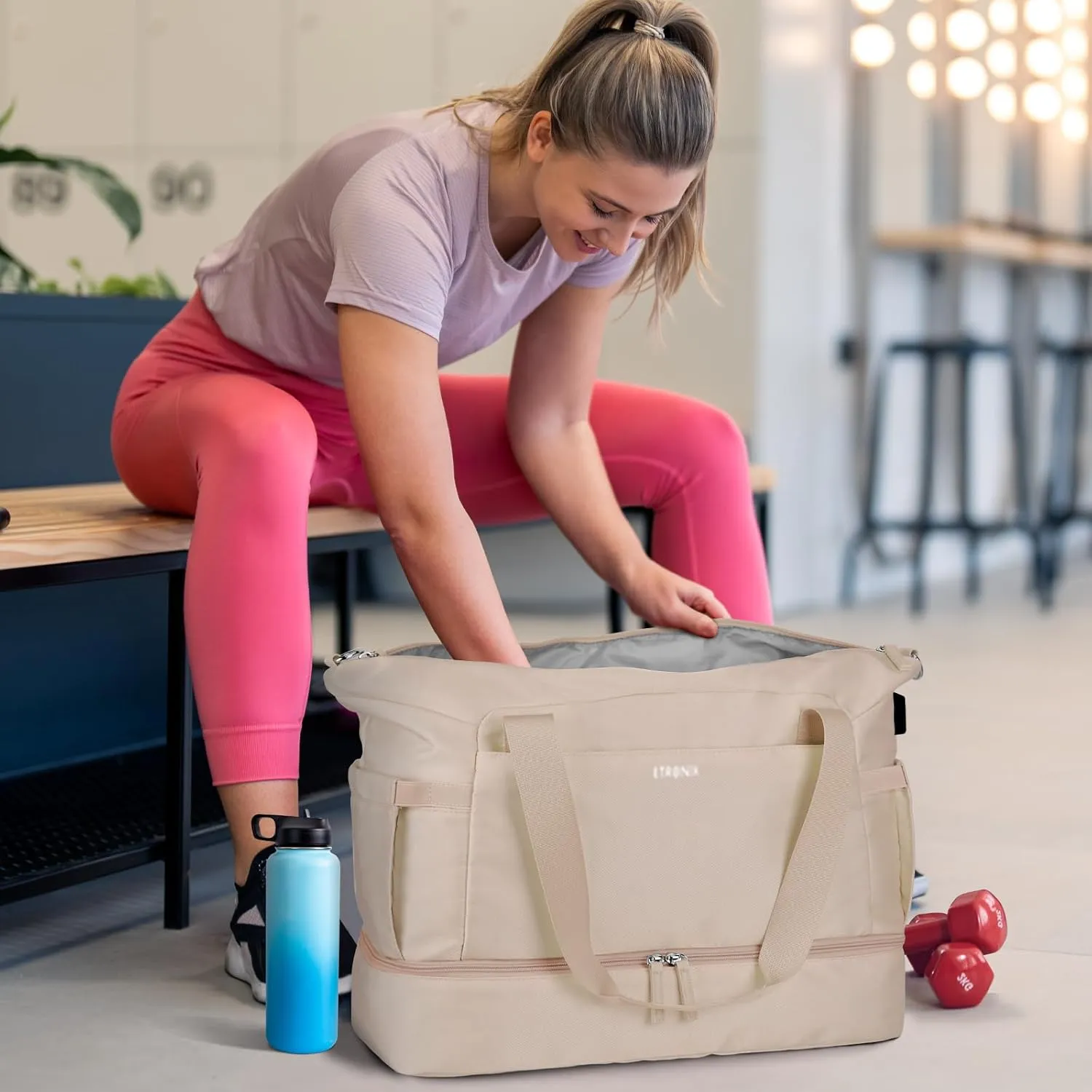 ETRONIK Gym Bag for Women, 47L Carry On Travel Duffel Bag with Shoes Compartment, Weekender Overnight Bag with Wet Pocket & USB Charging Port for Women, Travel, Gym, Weekend, Large Size (Khaki)