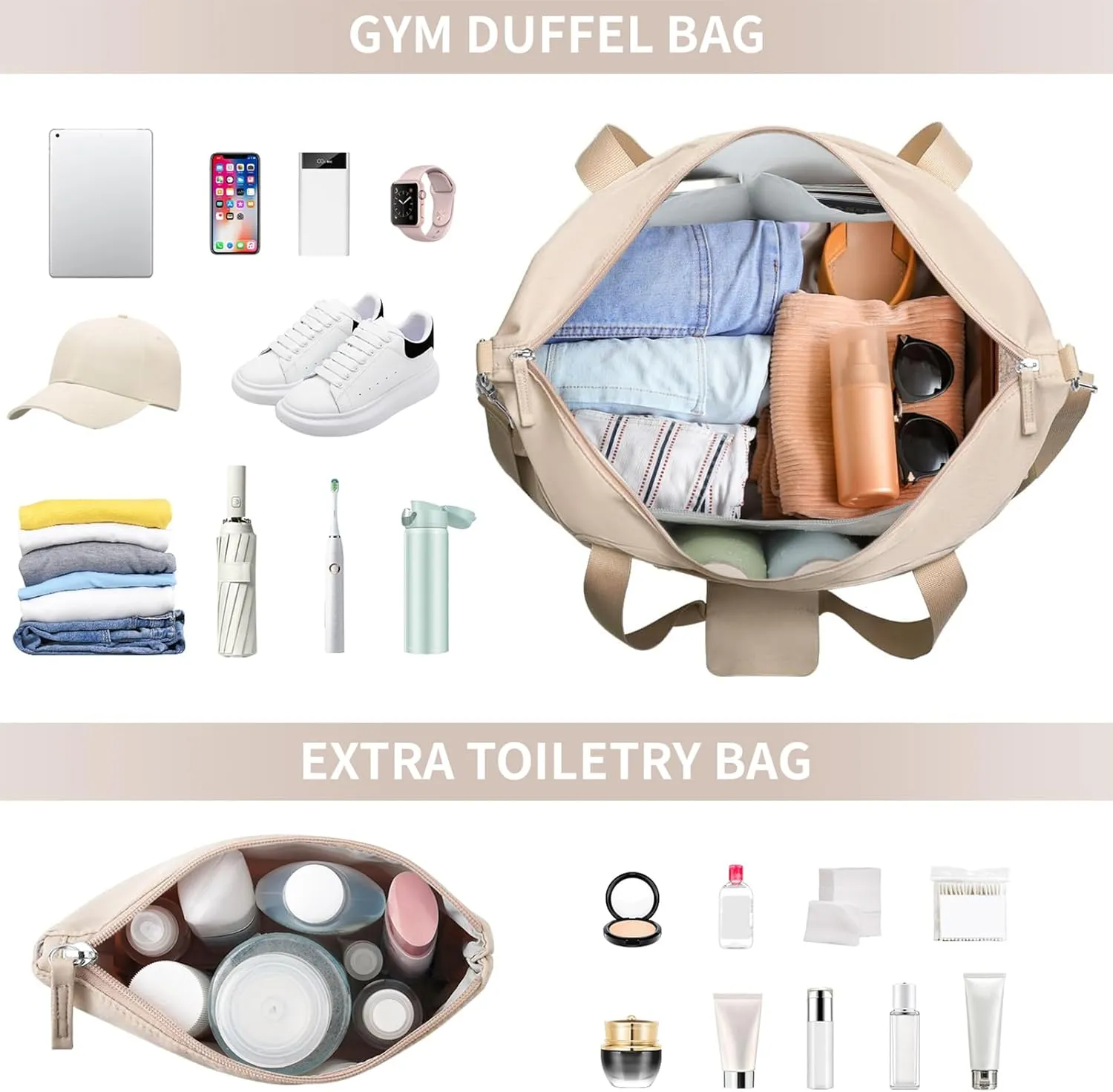 ETRONIK Gym Bag for Women, 47L Carry On Travel Duffel Bag with Shoes Compartment, Weekender Overnight Bag with Wet Pocket & USB Charging Port for Women, Travel, Gym, Weekend, Large Size (Khaki)