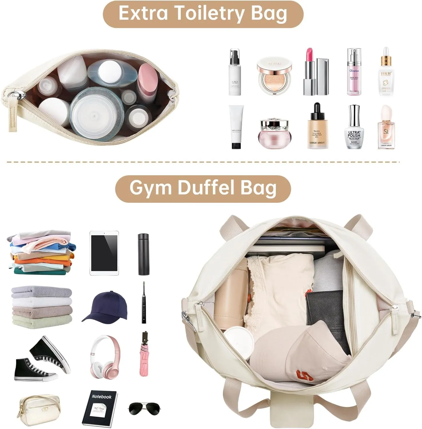ETRONIK Gym Bag for Women, Personal Item Travel Bag with Shoes Compartment, Weekender Overnight Duffel Bag with Wet Pocket & USB Charging Port, Carry On Bag for Women, Travel, Gym, Weekend (Khaki)