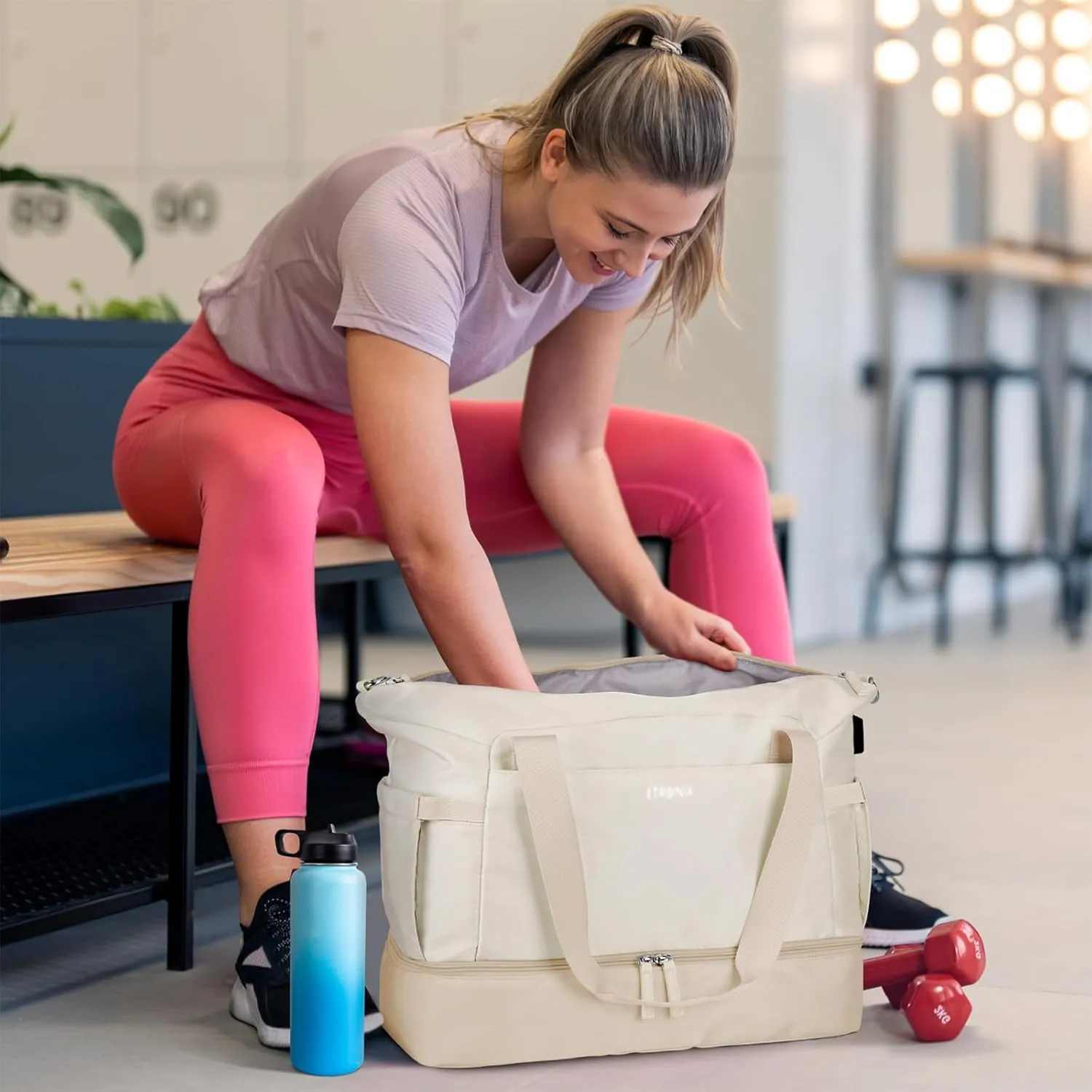 ETRONIK Gym Bag for Women, Personal Item Travel Bag with Shoes Compartment, Weekender Overnight Duffel Bag with Wet Pocket & USB Charging Port, Carry On Bag for Women, Travel, Gym, Weekend (Khaki)