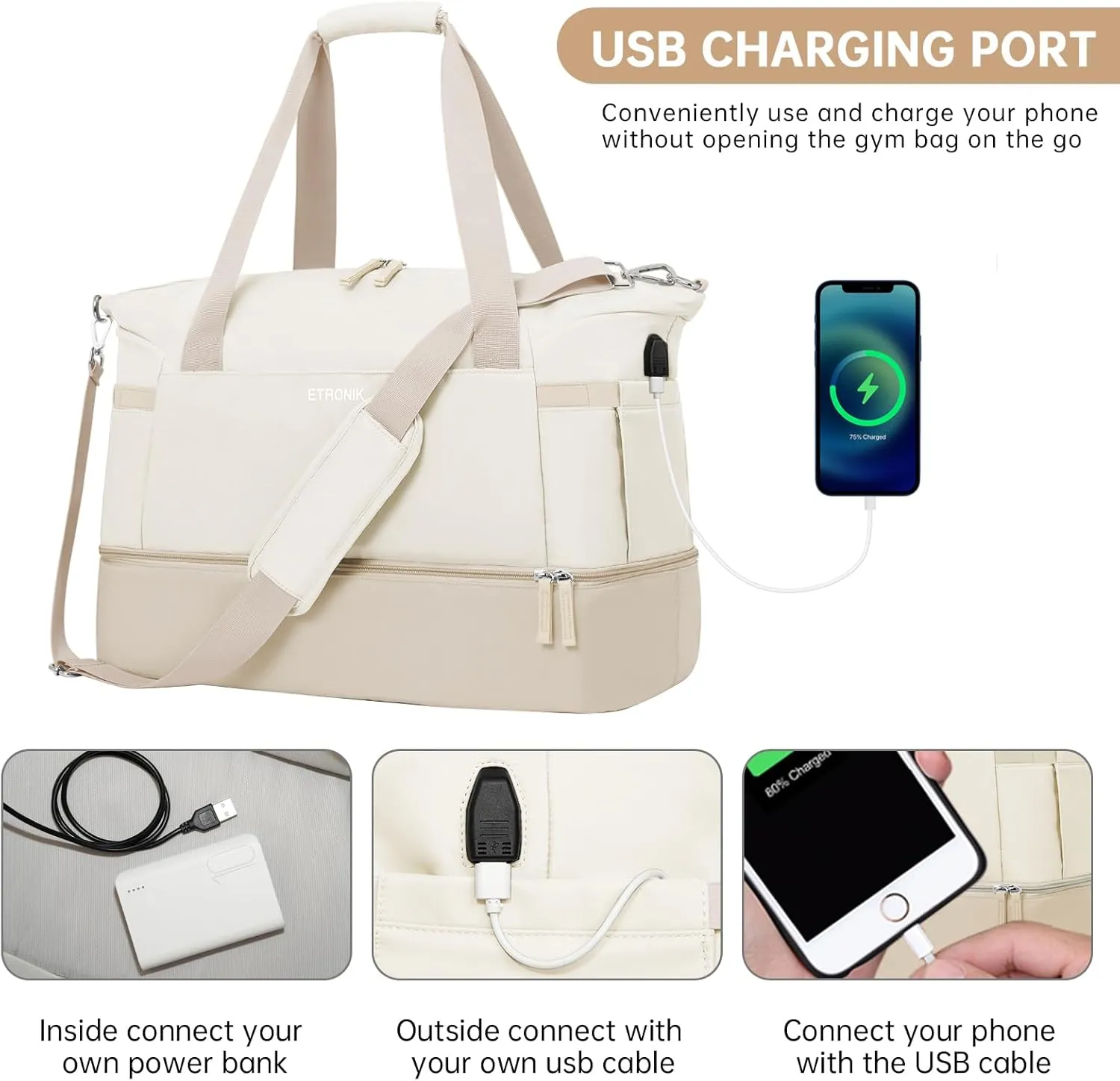 ETRONIK Gym Bag for Women, Personal Item Travel Bag with Shoes Compartment, Weekender Overnight Duffel Bag with Wet Pocket & USB Charging Port, Carry On Bag for Women, Travel, Gym, Weekend (Khaki)