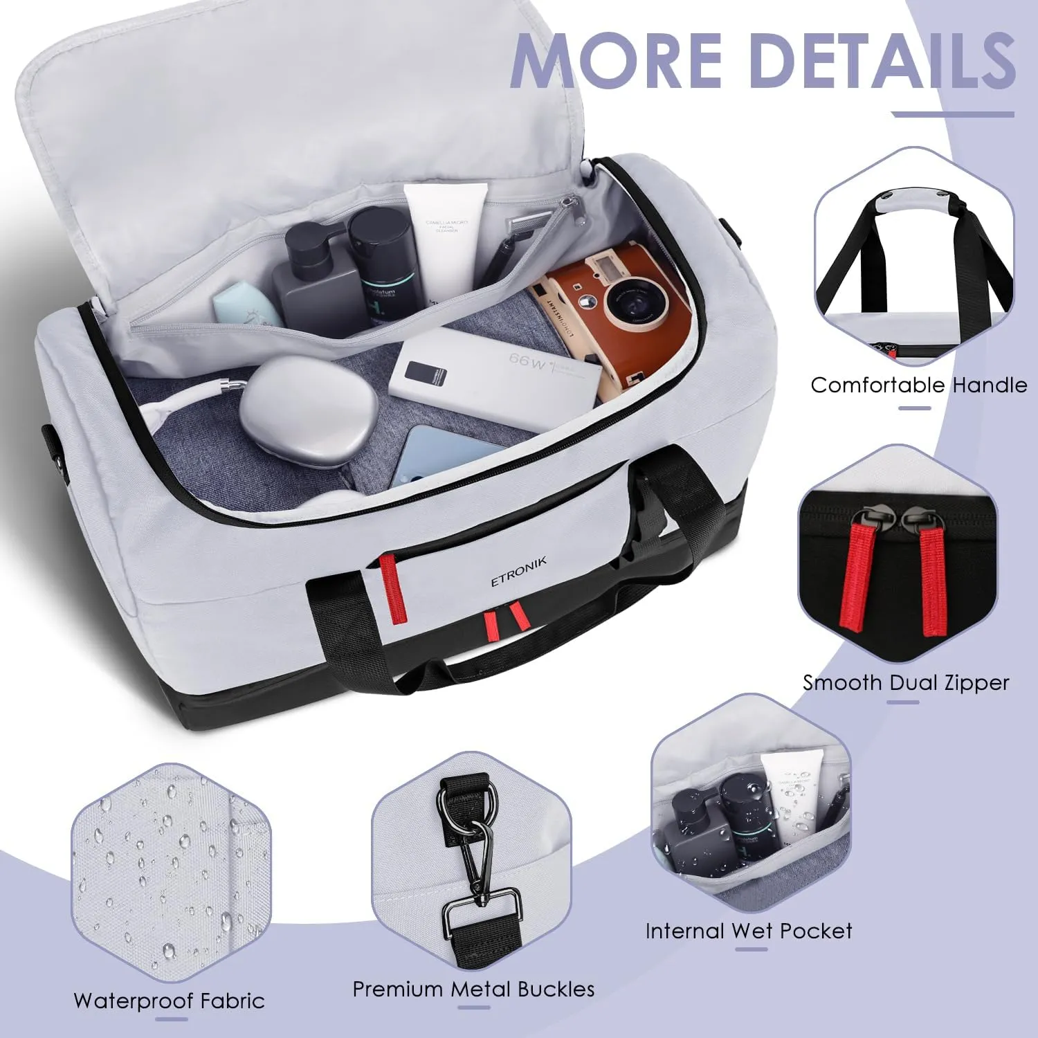 ETRONIK Travel Bag for Men Women, Duffle Bag & Gym Bag with Shoe Compartment, Weekender Overnight Bag with Toiletry Bag, Carry on Bags for Airplanes for Travel, Trip, Gym, Yoga, Light Gray