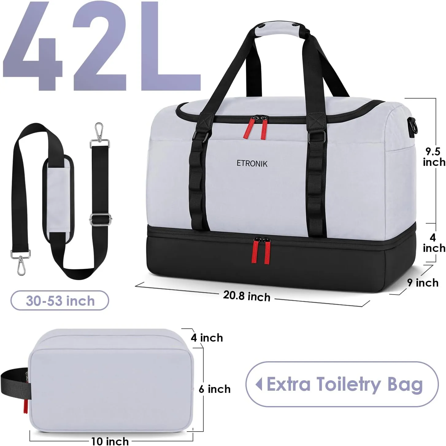 ETRONIK Travel Bag for Men Women, Duffle Bag & Gym Bag with Shoe Compartment, Weekender Overnight Bag with Toiletry Bag, Carry on Bags for Airplanes for Travel, Trip, Gym, Yoga, Light Gray