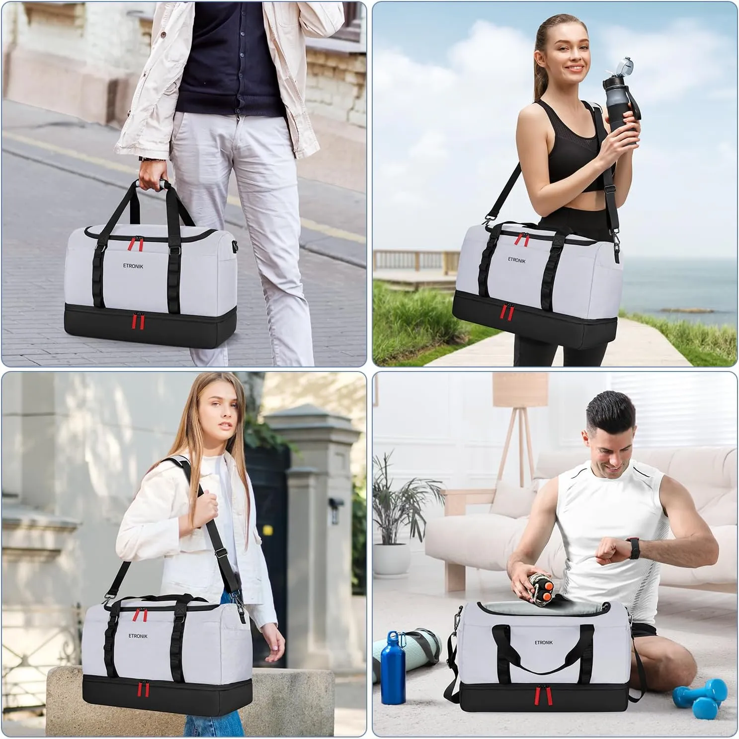 ETRONIK Travel Bag for Men Women, Duffle Bag & Gym Bag with Shoe Compartment, Weekender Overnight Bag with Toiletry Bag, Carry on Bags for Airplanes for Travel, Trip, Gym, Yoga, Light Gray