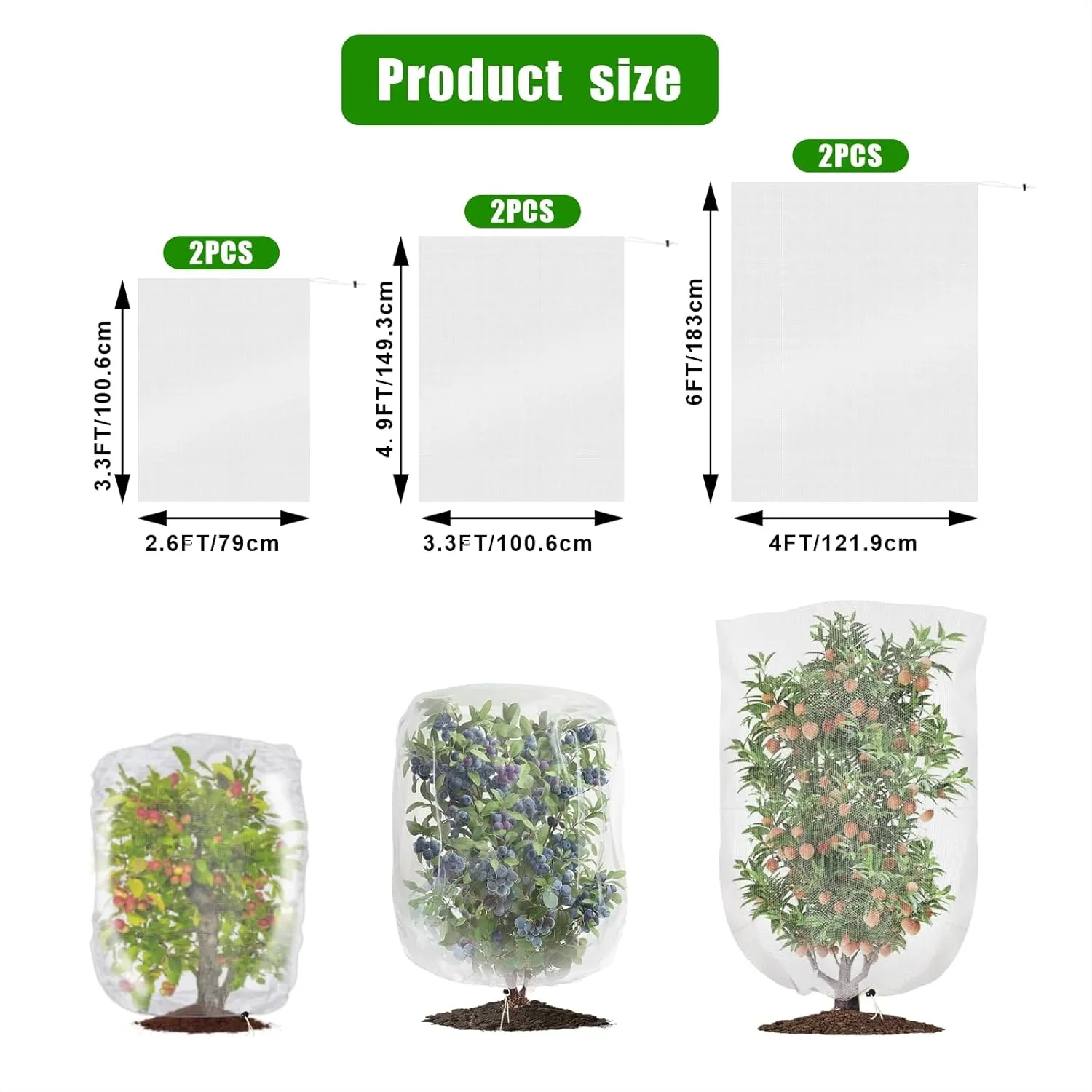 Eunika 6 Pack Garden Insect Bird Netting Bags with Drawstring, 3 Size Plant Pest Barrier Protection Cover for Bush Blueberry Tomato Vegetable Tree from Animals, 2.6X3.3ft, 3.3X4.9ft and 4x6ft