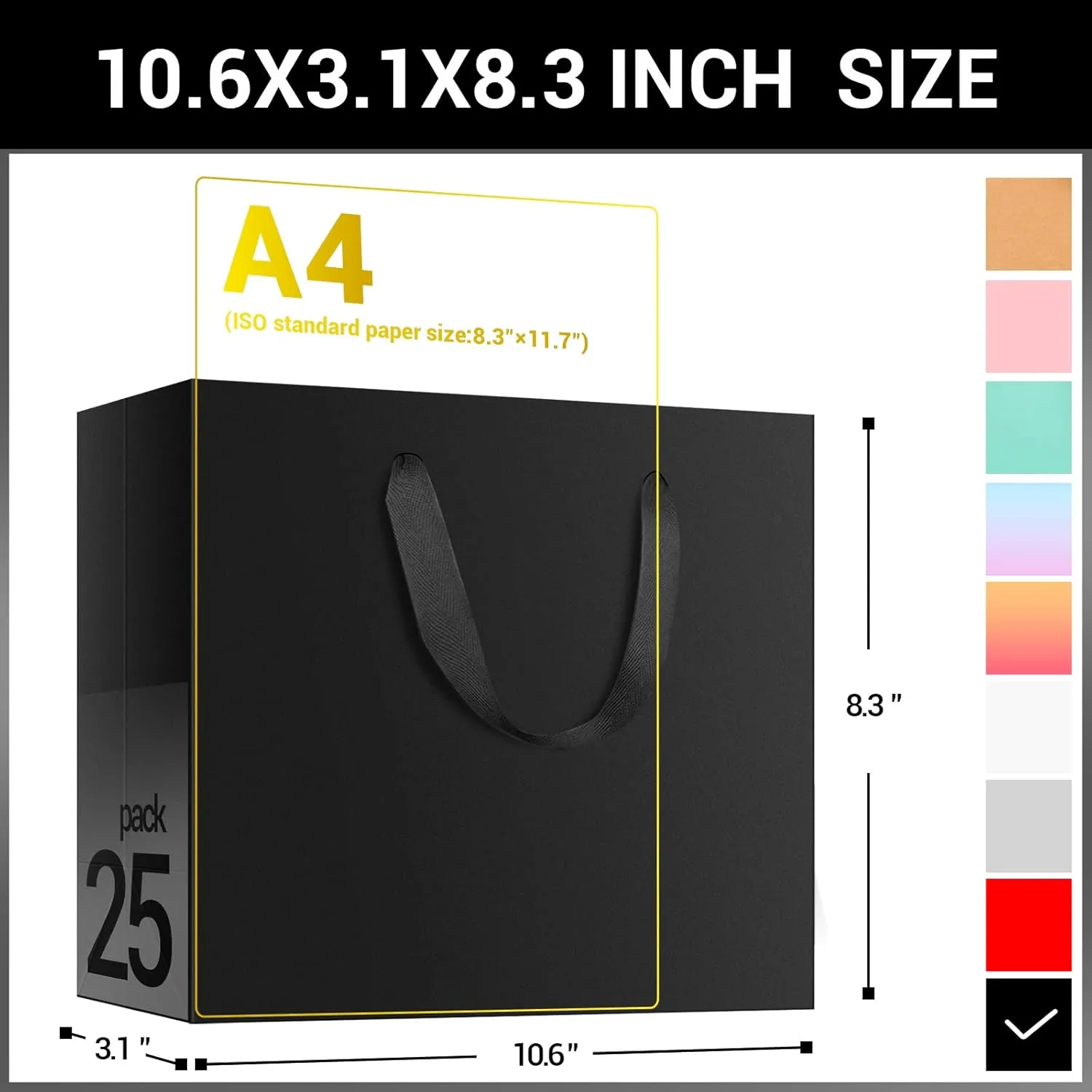 EUSOAR Heavy Duty Black Gift Wrap Bags, 25 Pack 10.6"x3.1"x8.3" Paper Bags with Handles Bulk, for Business, Grocery, Boutique, Retail, Wedding, Party Favors, Baby Showers, Birthdays