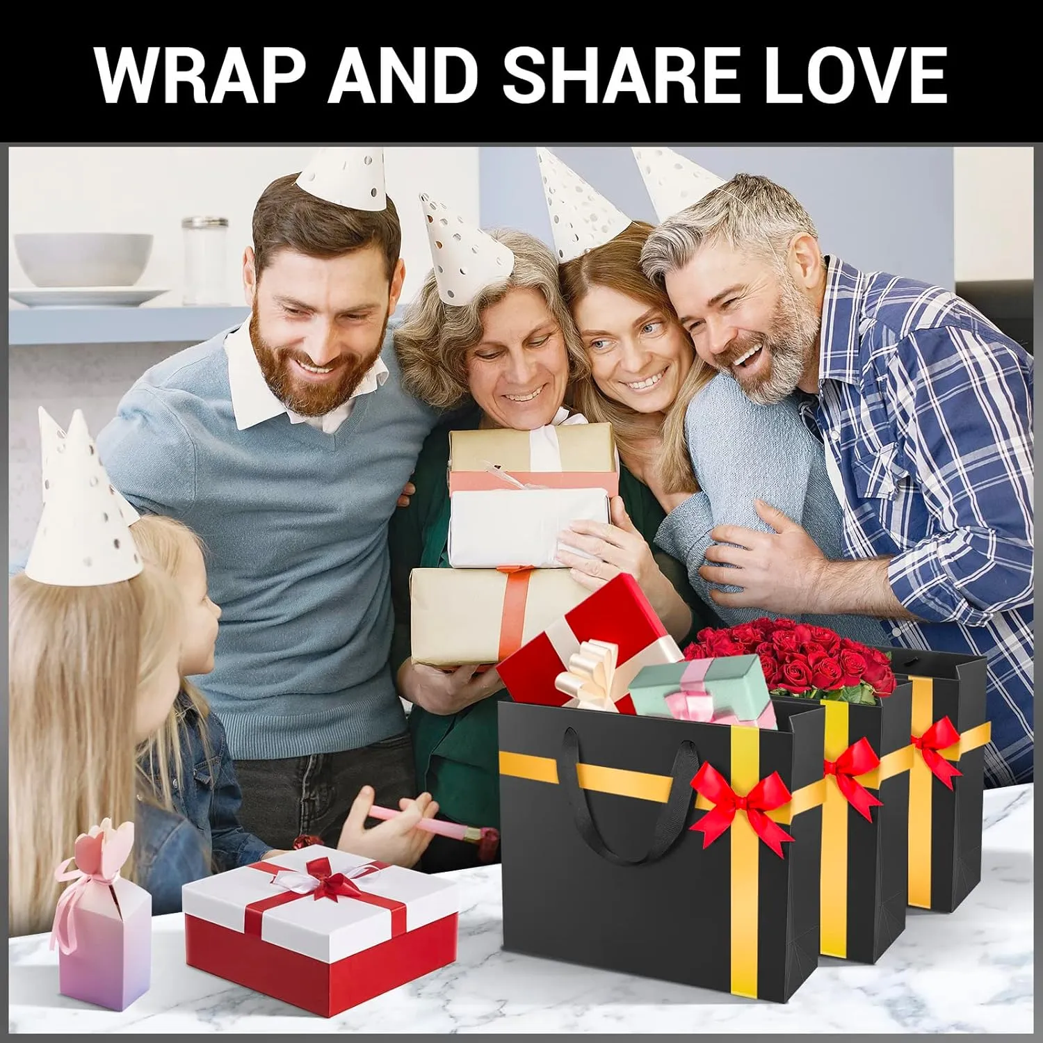 EUSOAR Heavy Duty Black Gift Wrap Bags, 25 Pack 10.6"x3.1"x8.3" Paper Bags with Handles Bulk, for Business, Grocery, Boutique, Retail, Wedding, Party Favors, Baby Showers, Birthdays