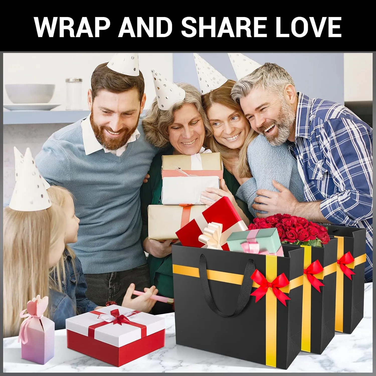 EUSOAR Large Black Gift Wrap Bags, 20pcs 12.5"x4.5"x11" Kraft Paper Black Shopping Bags with Handles Bulk,Retail Wrapping Bags for Business, Craft Grocery, Boutique, Party Favor, Wedding