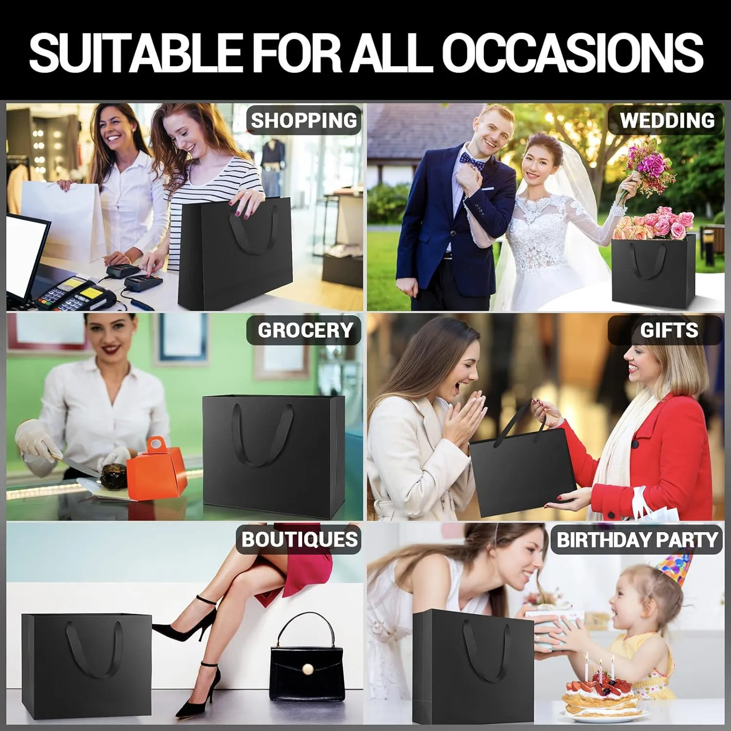 EUSOAR Large Black Gift Wrap Bags, 20pcs 12.5"x4.5"x11" Kraft Paper Black Shopping Bags with Handles Bulk,Retail Wrapping Bags for Business, Craft Grocery, Boutique, Party Favor, Wedding