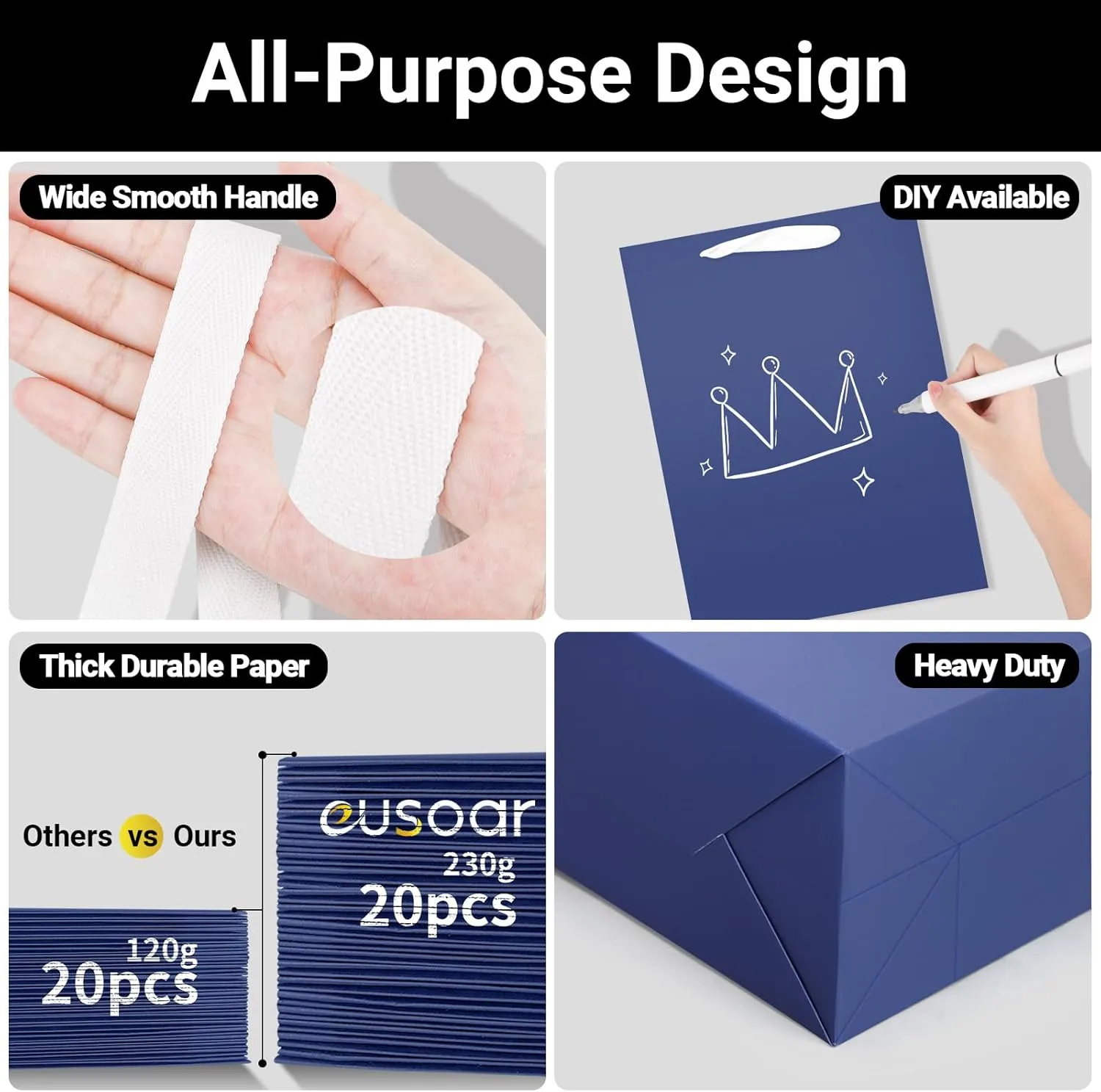 EUSOAR Paper Gift Bags, 20pcs 9.8"x5.1"x12.6" Large Kraft Shopping Bags with Handles, Bags with Handles, Merchandise Grocery Retail Wrap Craft Paper Bags Sacks Bulk Wedding Birthday Party Favors