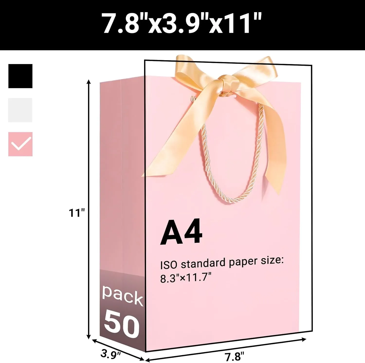 EUSOAR Pink Gift Bags with Ribbon Bow, 50pcs 7.8"x3.9"x11" Thank You Gift Bags with Handles, Gift Retail Wrapping Treat Bags Bulk for Wedding Baby Shower Birthday Bridesmaid Business Holiday Party